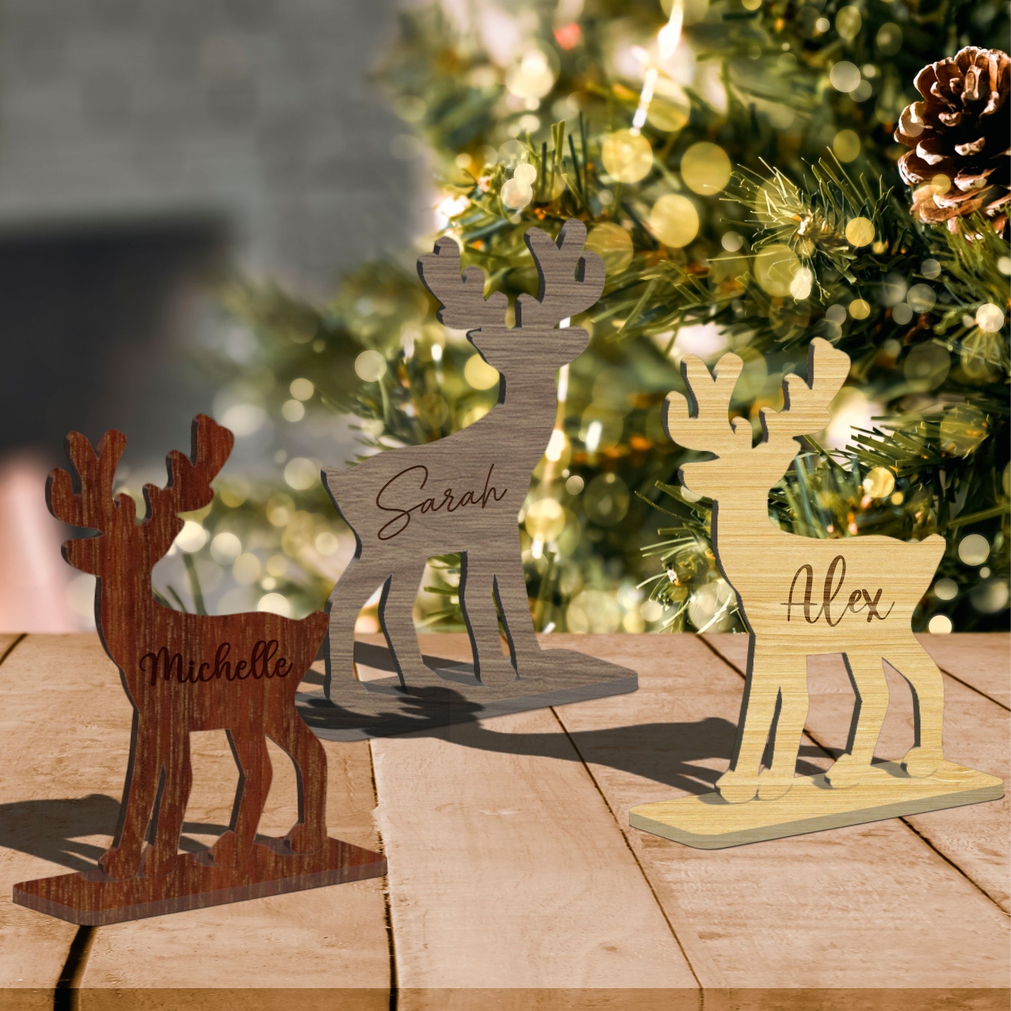 Personalised Mirror Acrylic/ Wood Reindeer Name Place Setting, Custom Engraved Logo Christmas Table Name Place Card, Party Favour Xmas Decor