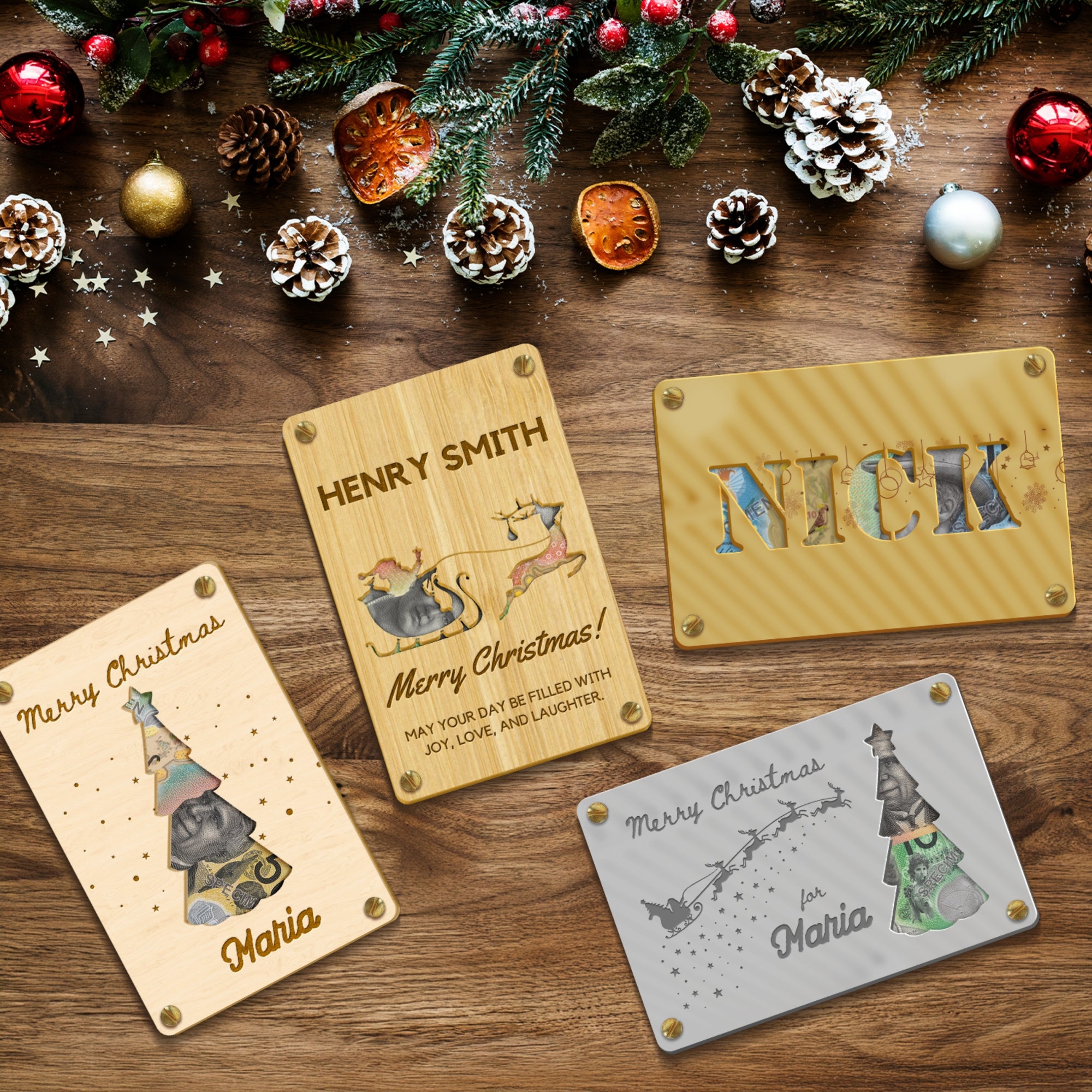 Personalised Name & Message Mirror Acrylic/ Wooden Christmas Money Holder, Custom Laser Cut Engraved Kid Cash Gift Card Envelope, Xmas Decor