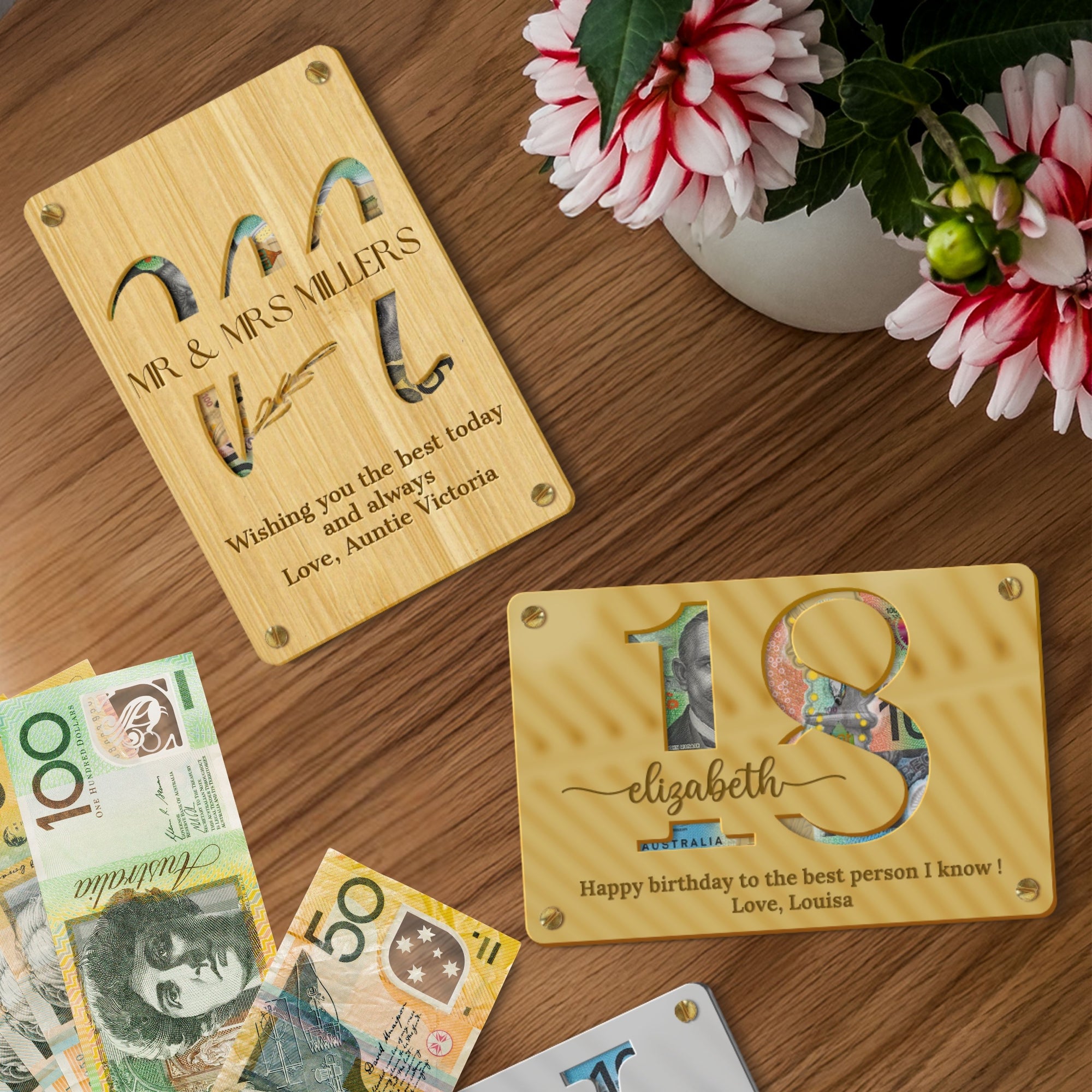 Personalised Name & Message Mirror Acrylic/ Wooden Birthday Money Holder, Custom Laser Cut Kid Cash Envelope, Wedding, Graduation Gift Card