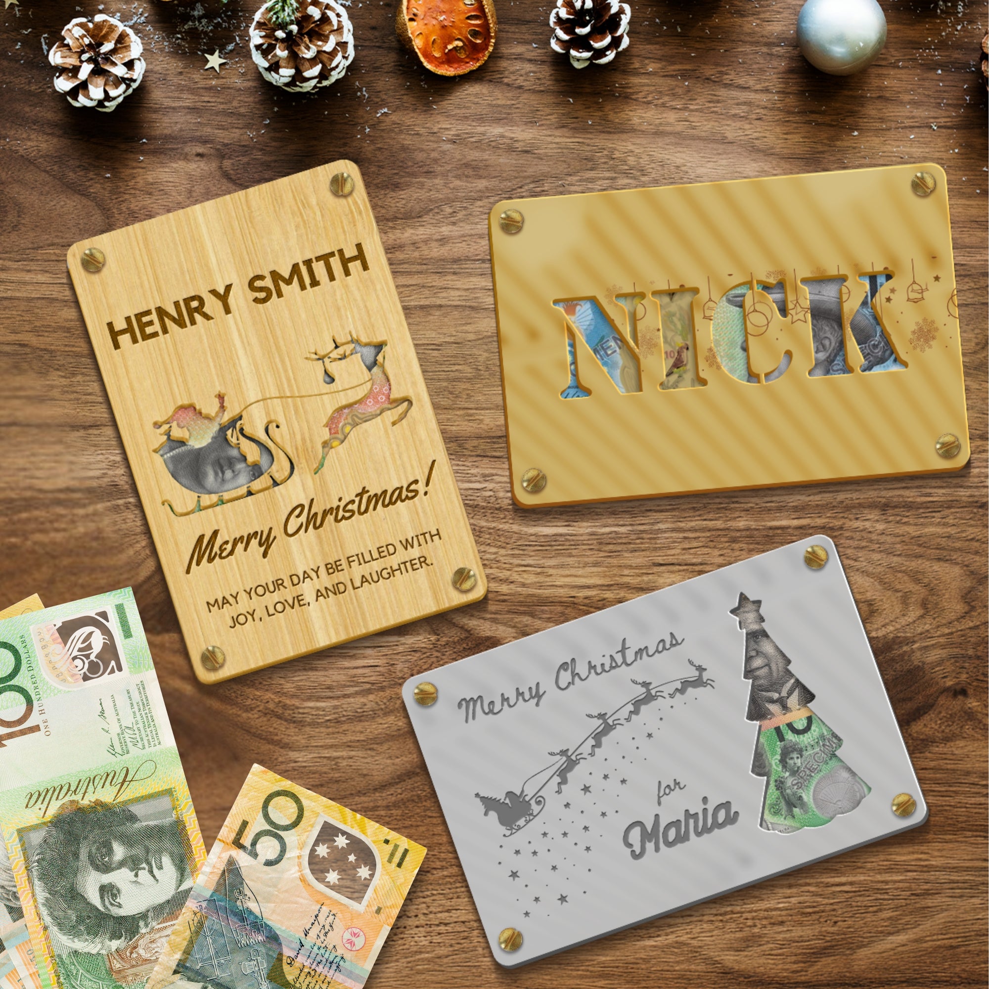 Personalised Name & Message Mirror Acrylic/ Wooden Christmas Money Holder, Custom Laser Cut Engraved Kid Cash Gift Card Envelope, Xmas Decor
