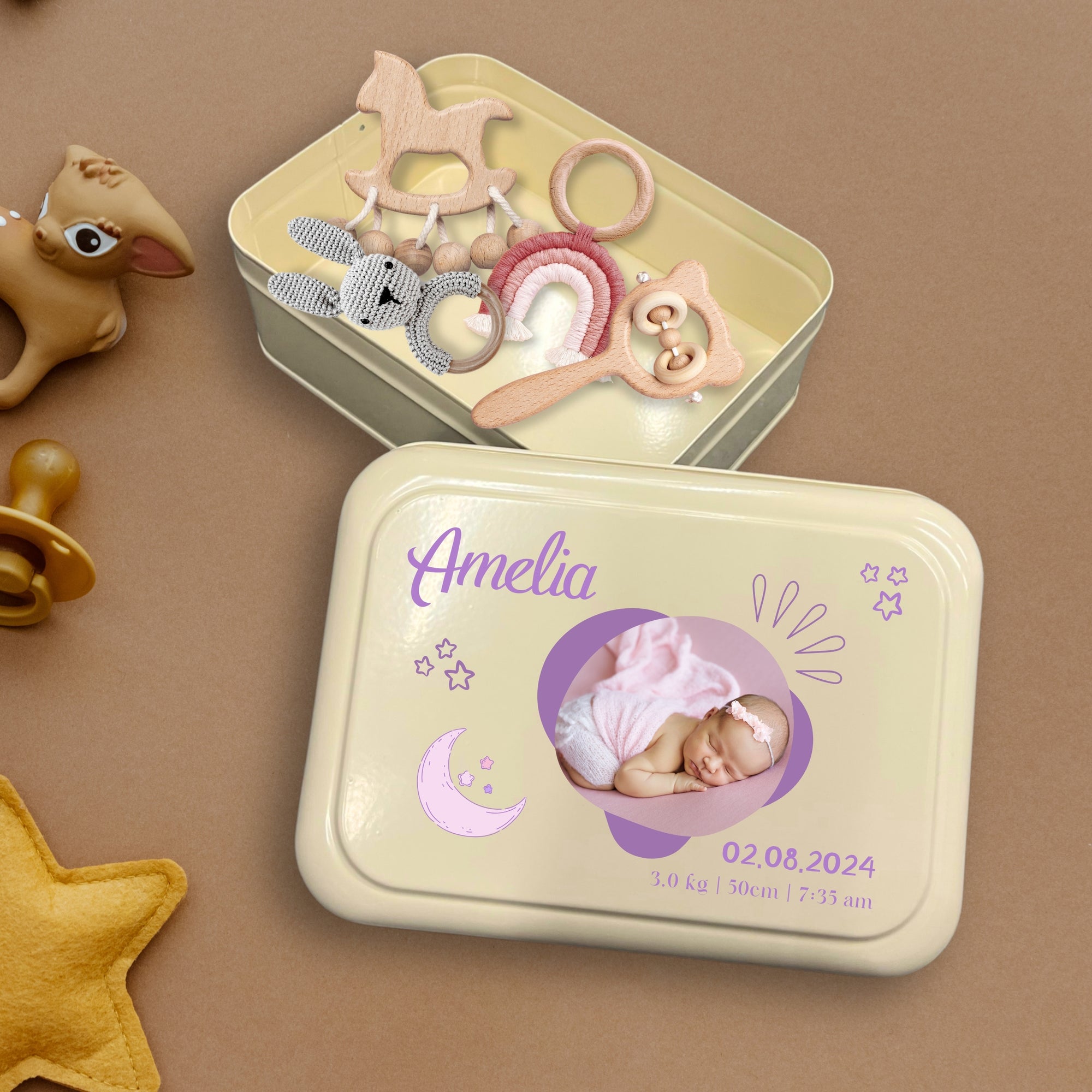 Personalised New Born Baby Photo Tin Keepsake Box, Custom UV Print Metal Memory Boxes, Etched Treasure Storage, Nursery, First Birthday Gift