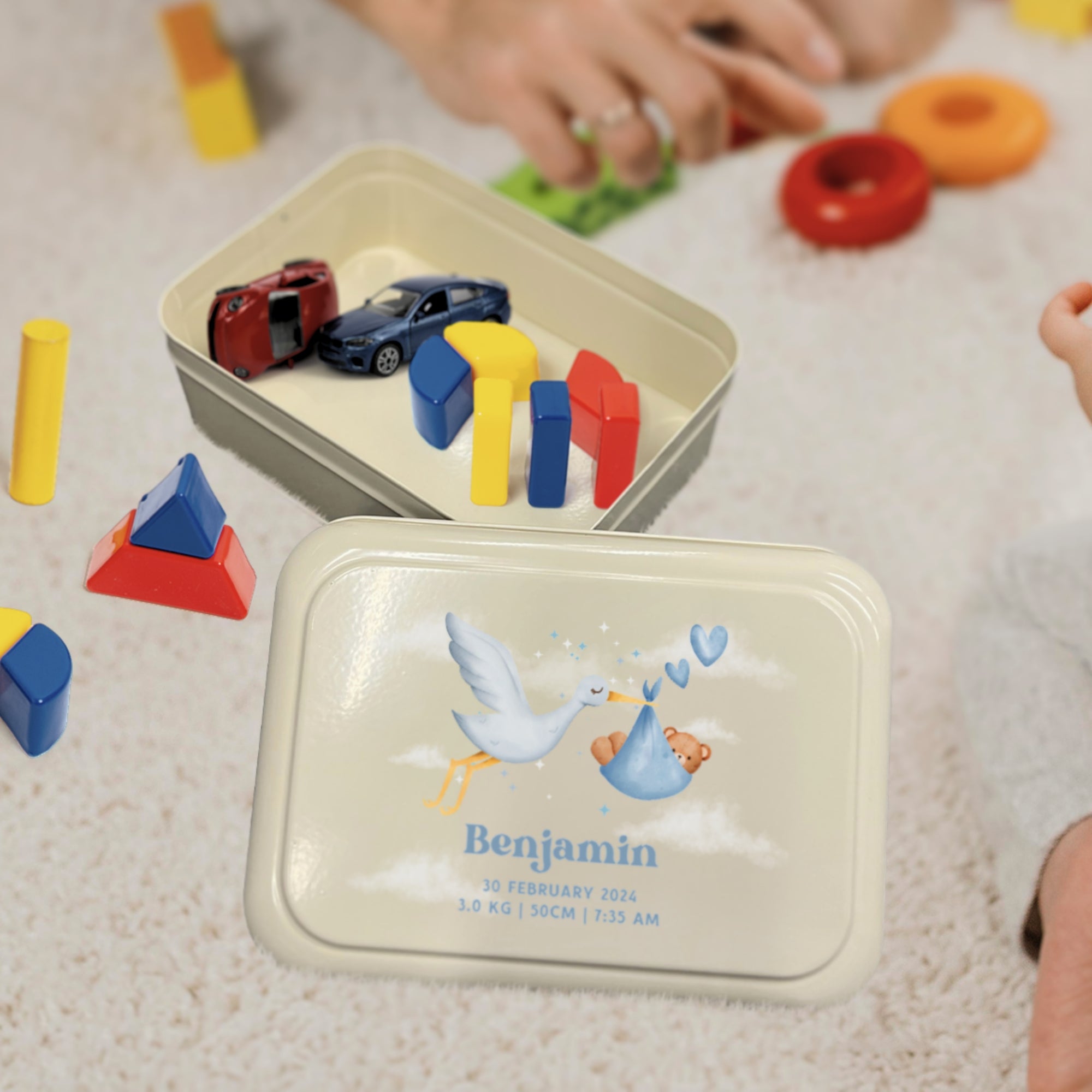 Personalised New Born Baby Tin Keepsake Box, Custom UV Printed Metal Memory Boxes, Engraved Treasure Storage, Nursery, First Birthday Gift