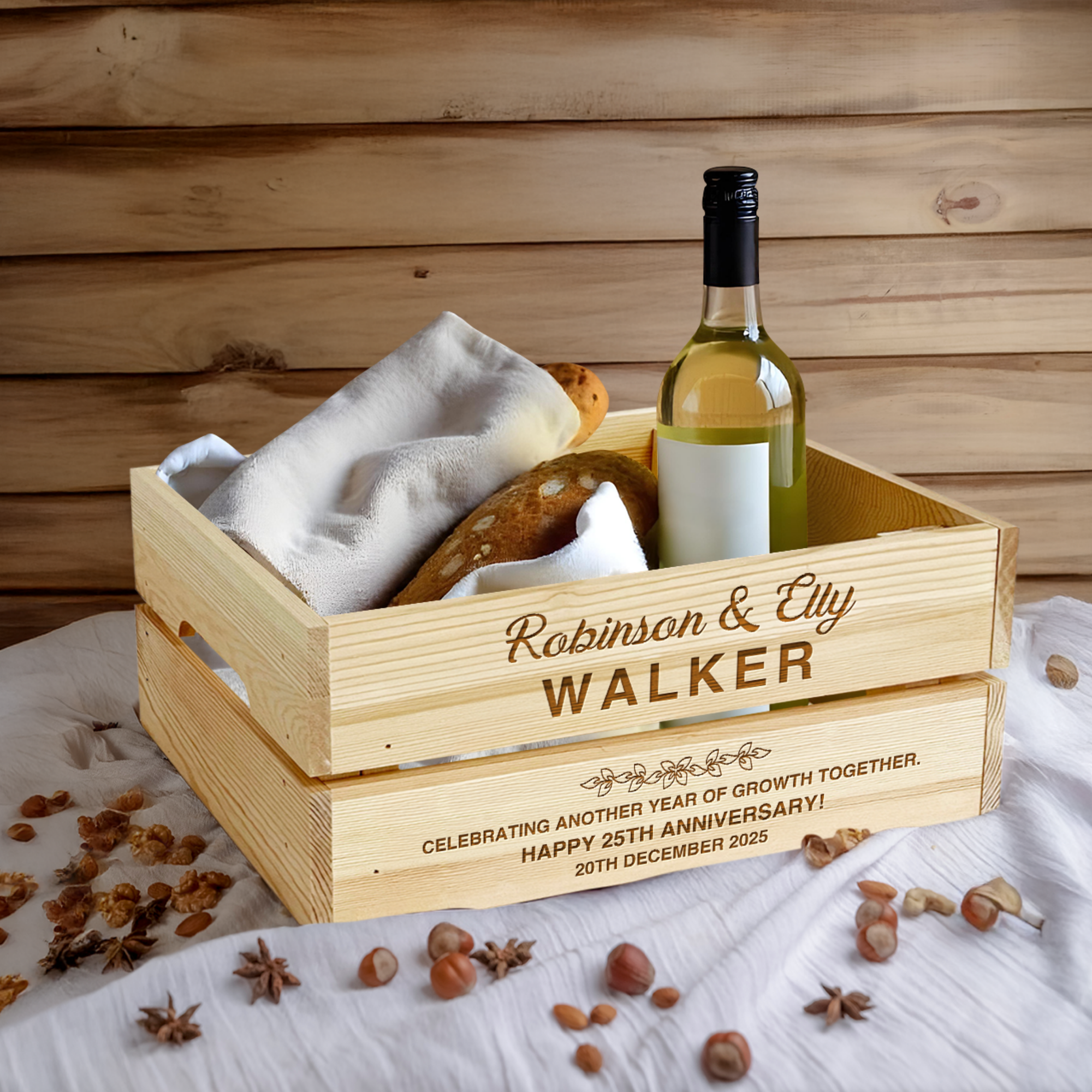 Personalised Occasion Gift Box Crate, Custom Engraved Grocery Organiser, Garden Storage, Wedding, Birthday Housewarming Corporate Keepsake