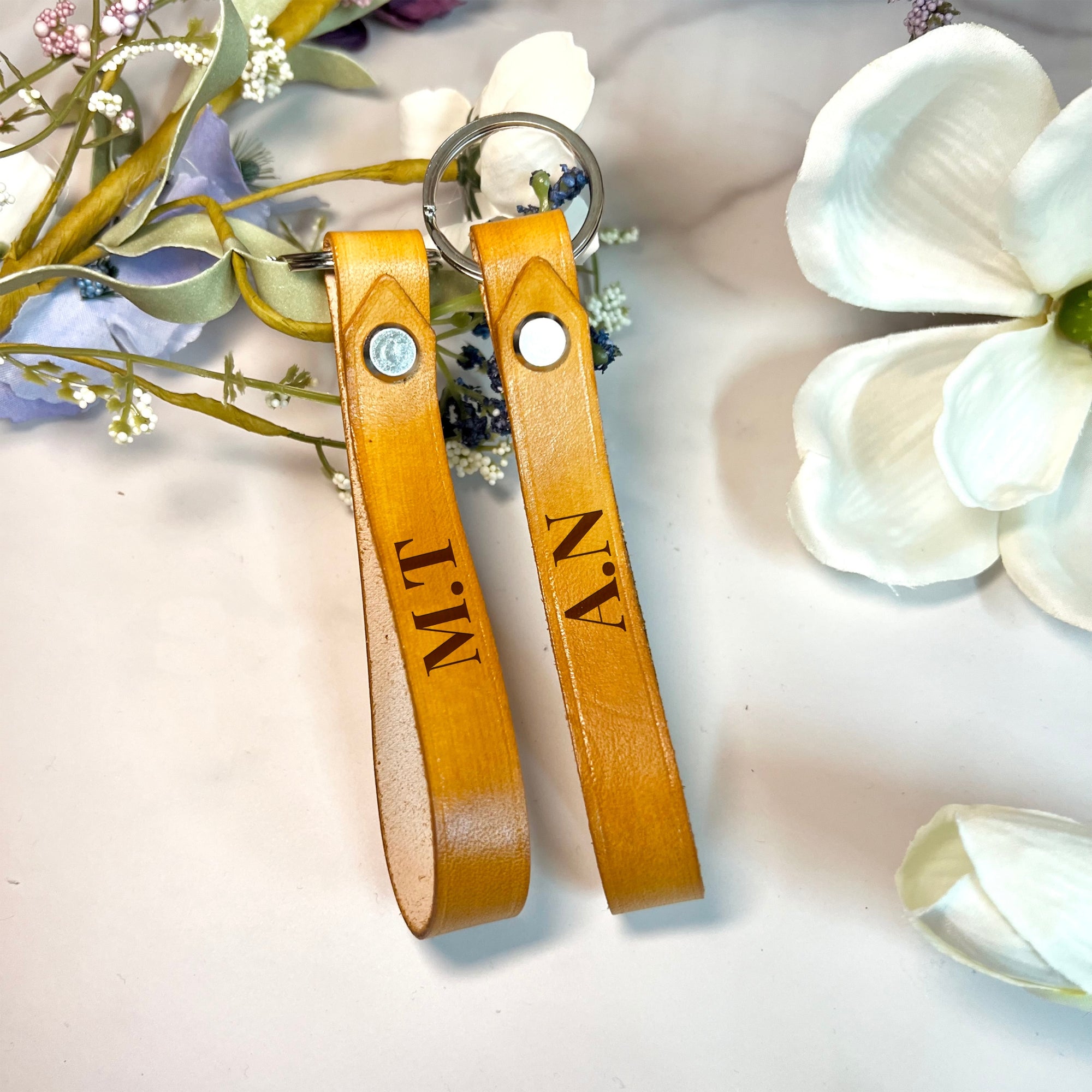 Personalised Pair of Cowhide Real Leather Keychains, Custom Laser Engraved Couple Keyrings, Anniversary, Wedding, Birthday, Christmas Gift