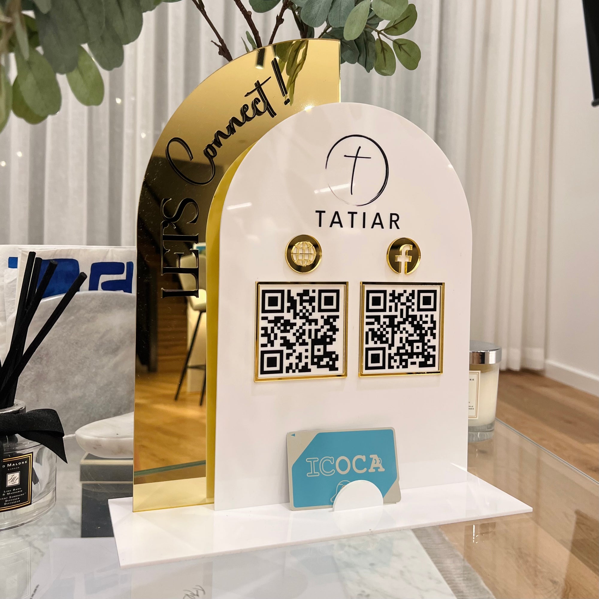 Personalised 3D Raised Acrylic Arch QR Code Social Connect Business Sign & Card Holder, Custom Spa, Beauty, Cafe, Reception Display Signage