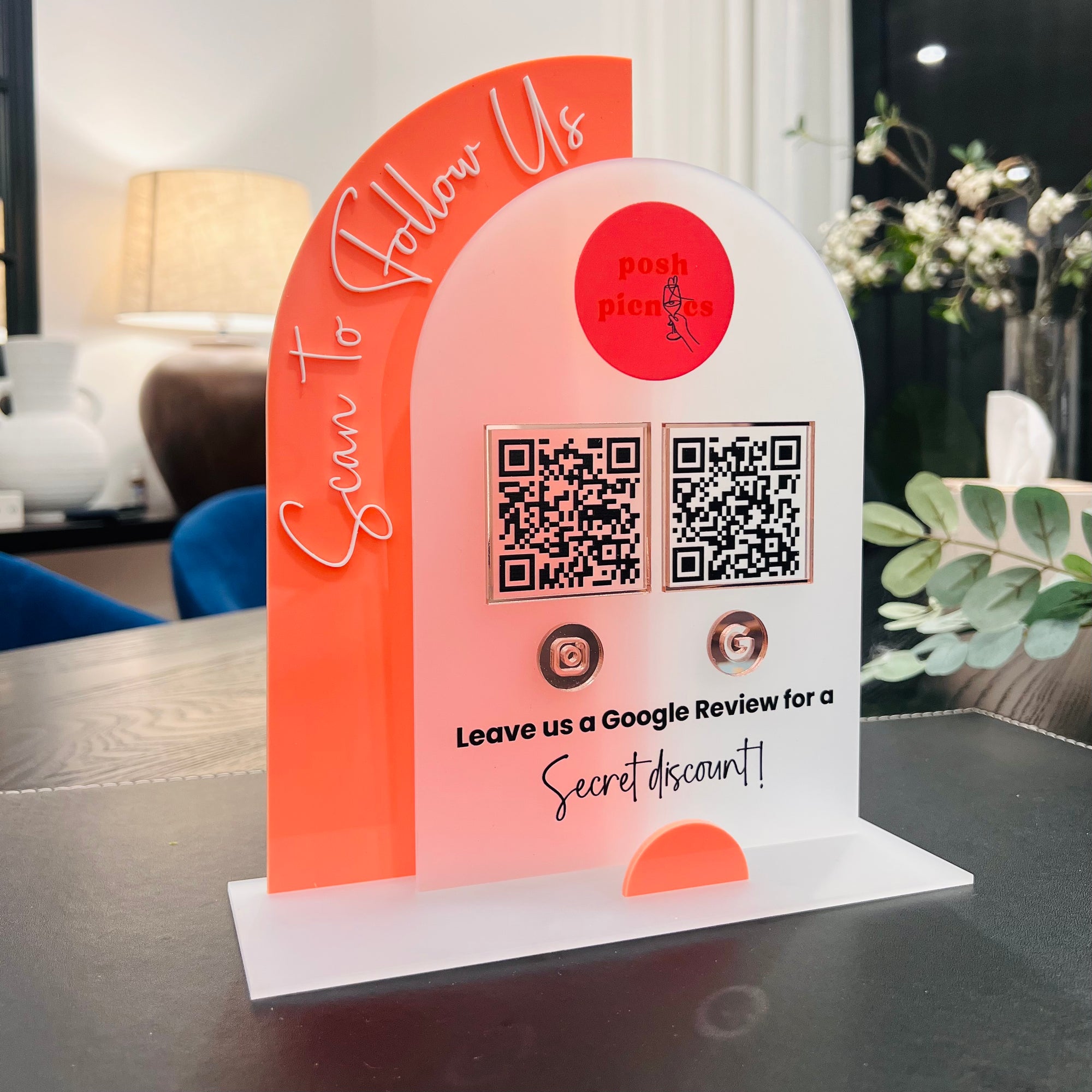 Personalised 3D Raised Acrylic Arch Scan QR Code Social Business Sign & Card Holder, Custom Spa Beauty, Cafe, Reception Logo Display Signage