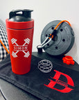 Personalised 25oz Red Metal Protein Shaker & Embroidery Black Gym Towel Set, Custom Name Logo Fitness Travel Sport, Birthday, Corporate Gift