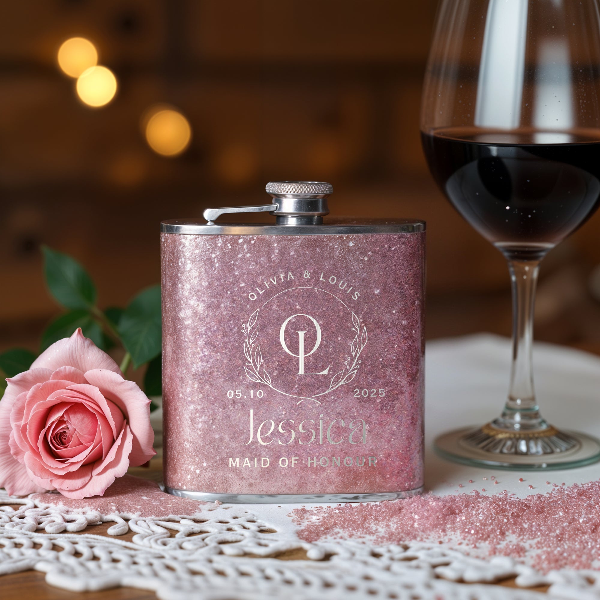 Personalised Glitter Stainless Steel 8oz Liquor Hip Flask & Funnel, Custom Engraved Bridesmaid Proposal, Wedding Favour, Logo Corporate Gift