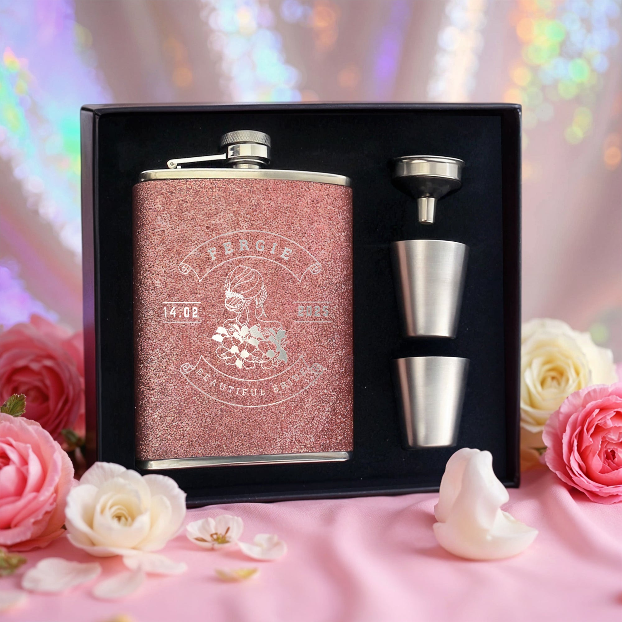 Personalised Glitter Steel 8oz Liquor Hip Flask, Funnel, Shot Glasses Set, Custom Engraved Bridesmaid Wedding Favour, Her Corporate Gift Box