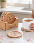 Personalised Set of 6 Walnut Coasters & Holder, Custom Engraved Logo Beech Wooden Drink Mat Set Wedding Birthday Housewarming Corporate Gift