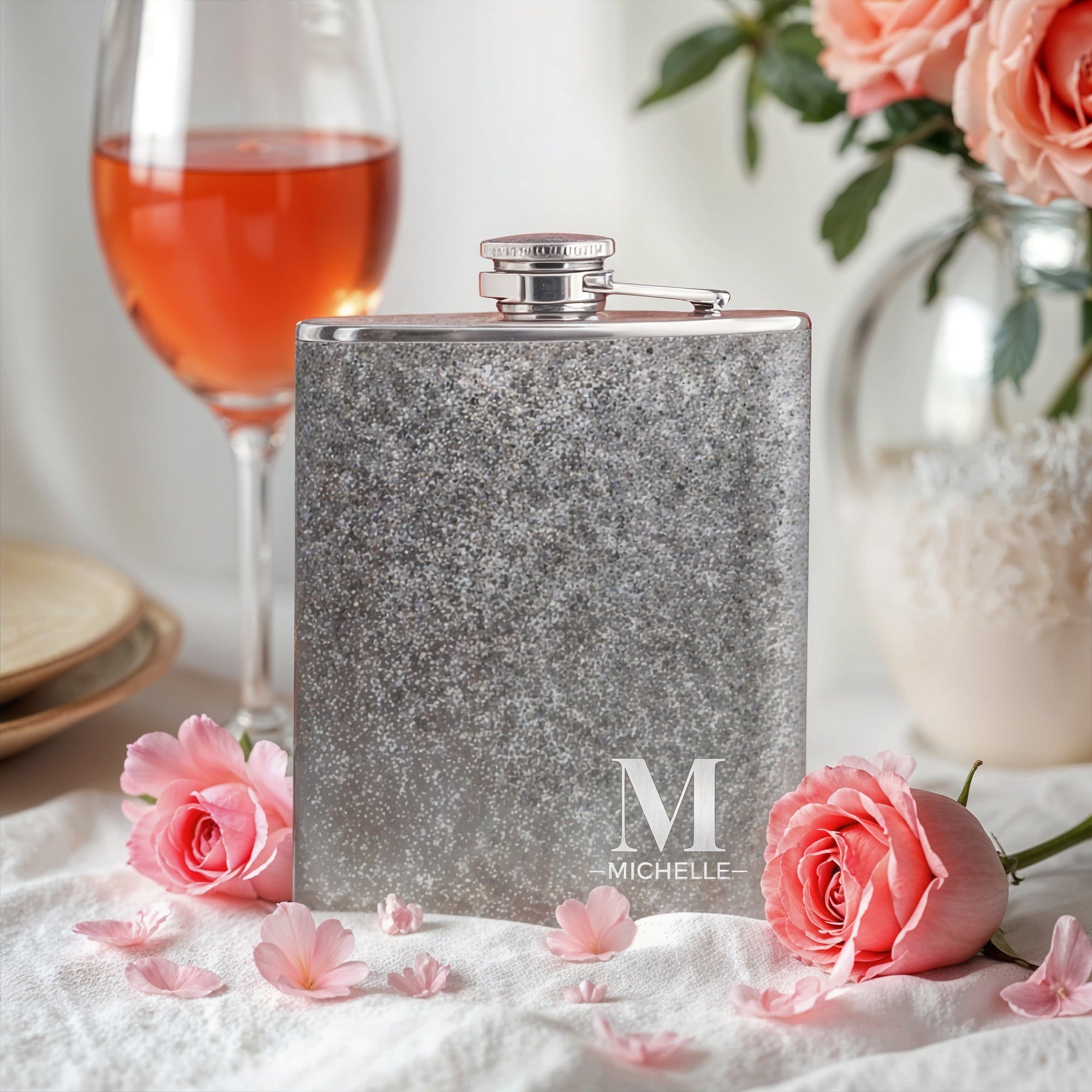 Personalised Glitter Stainless Steel 8oz Liquor Hip Flask & Funnel, Custom Engraved Bridesmaid Proposal, Wedding Favour, Logo Corporate Gift