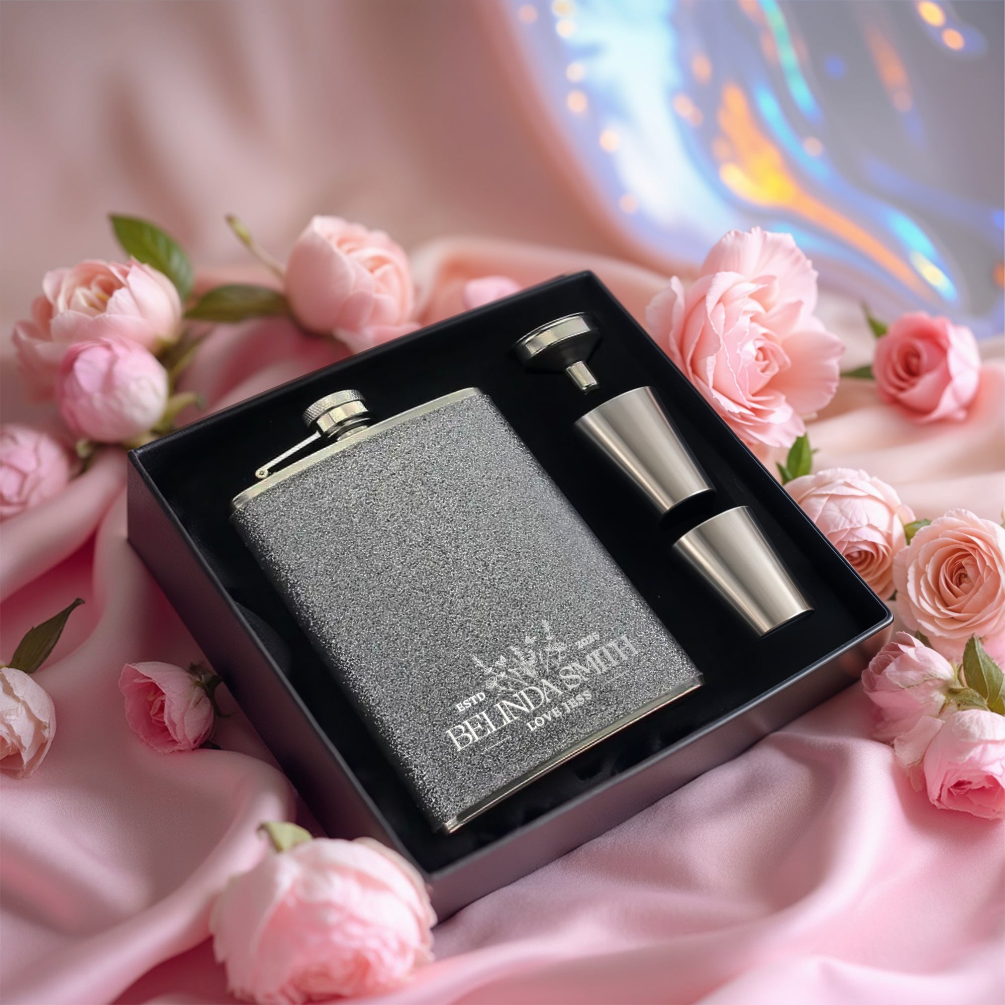 Personalised Glitter Steel 8oz Liquor Hip Flask, Funnel, Shot Glasses Set, Custom Engraved Bridesmaid Wedding Favour, Her Corporate Gift Box