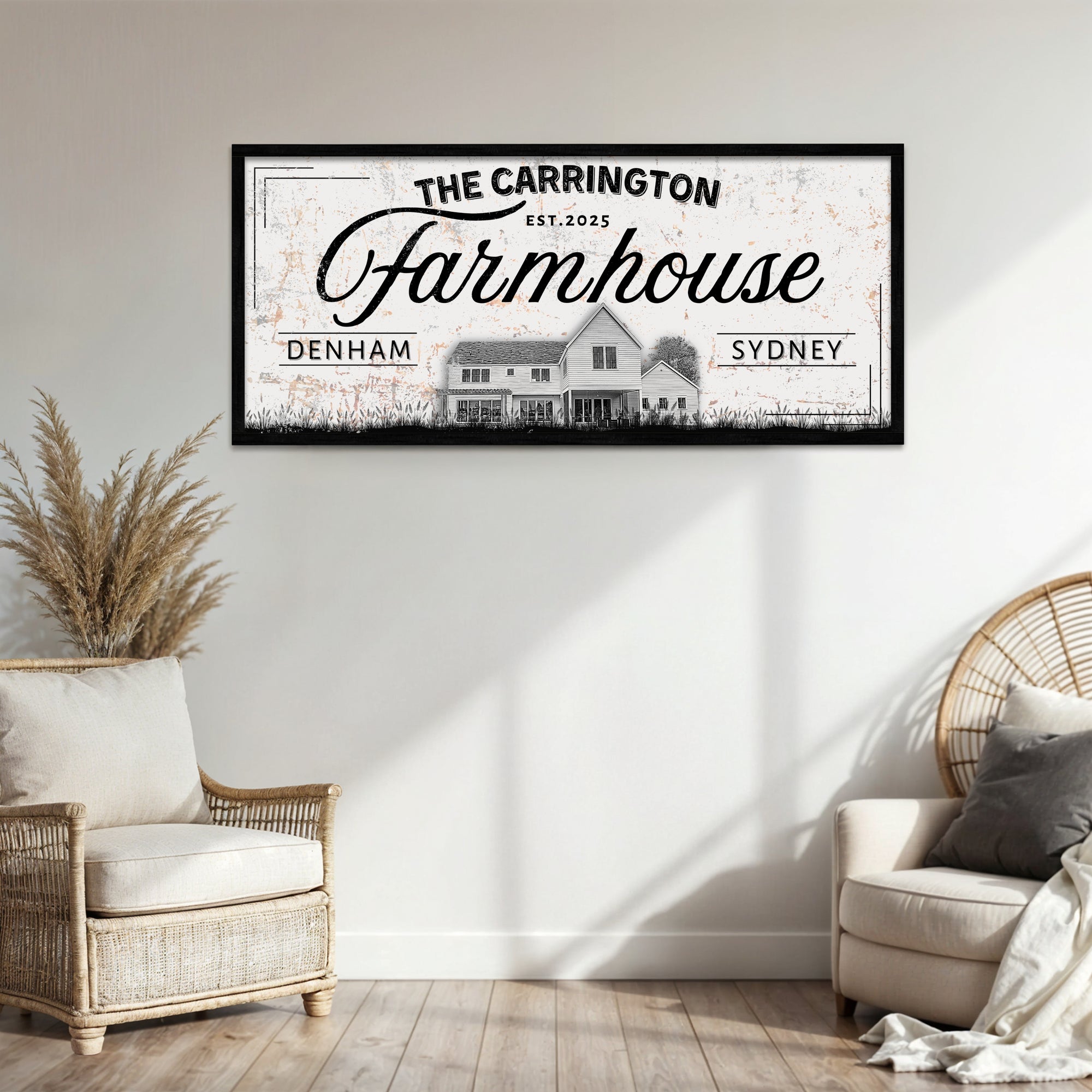 Personalised Sketch House Photo & Family Name Farmhouse Rustic Sign, Custom UV Print Wood Frame Wall Decor Vintage Signage Housewarming Gift