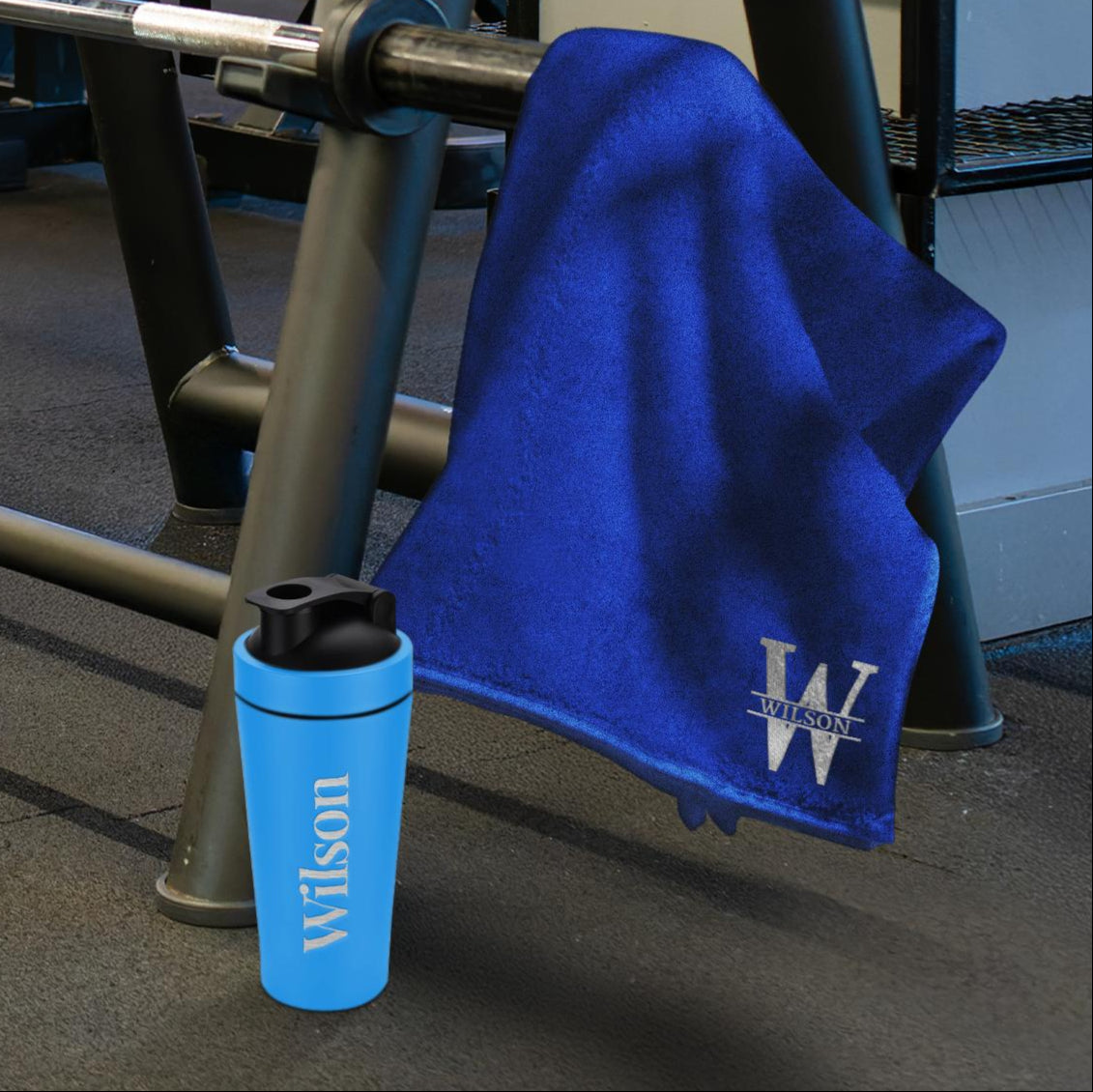 Personalised 25oz Blue Metal Protein Shaker & Embroidery Gym Towel Set, Custom Name Logo Fitness, Travel, Sport, Birthday, Corporate Gift