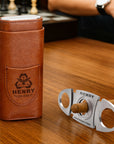Personalised Tan Leatherette Cigar Case & Cutter Custom Engraved Logo Travel Portable Cedarwood Humidifying Box Groomsman Dad Corporate Gift