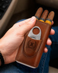 Personalised Tan Leatherette Cigar Case & Cutter Custom Engraved Logo Travel Portable Cedarwood Humidifying Box Groomsman Dad Corporate Gift