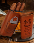 Personalised Tan Leatherette Cigar Case & Cutter Custom Engraved Logo Travel Portable Cedarwood Humidifying Box Groomsman Dad Corporate Gift