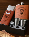 Personalised Tan Leatherette Hip Flask & Cigar Case Set, Custom Engraved Logo Cedarwood Humidifying Holder, Groomsman Dad Corporate Gift Box