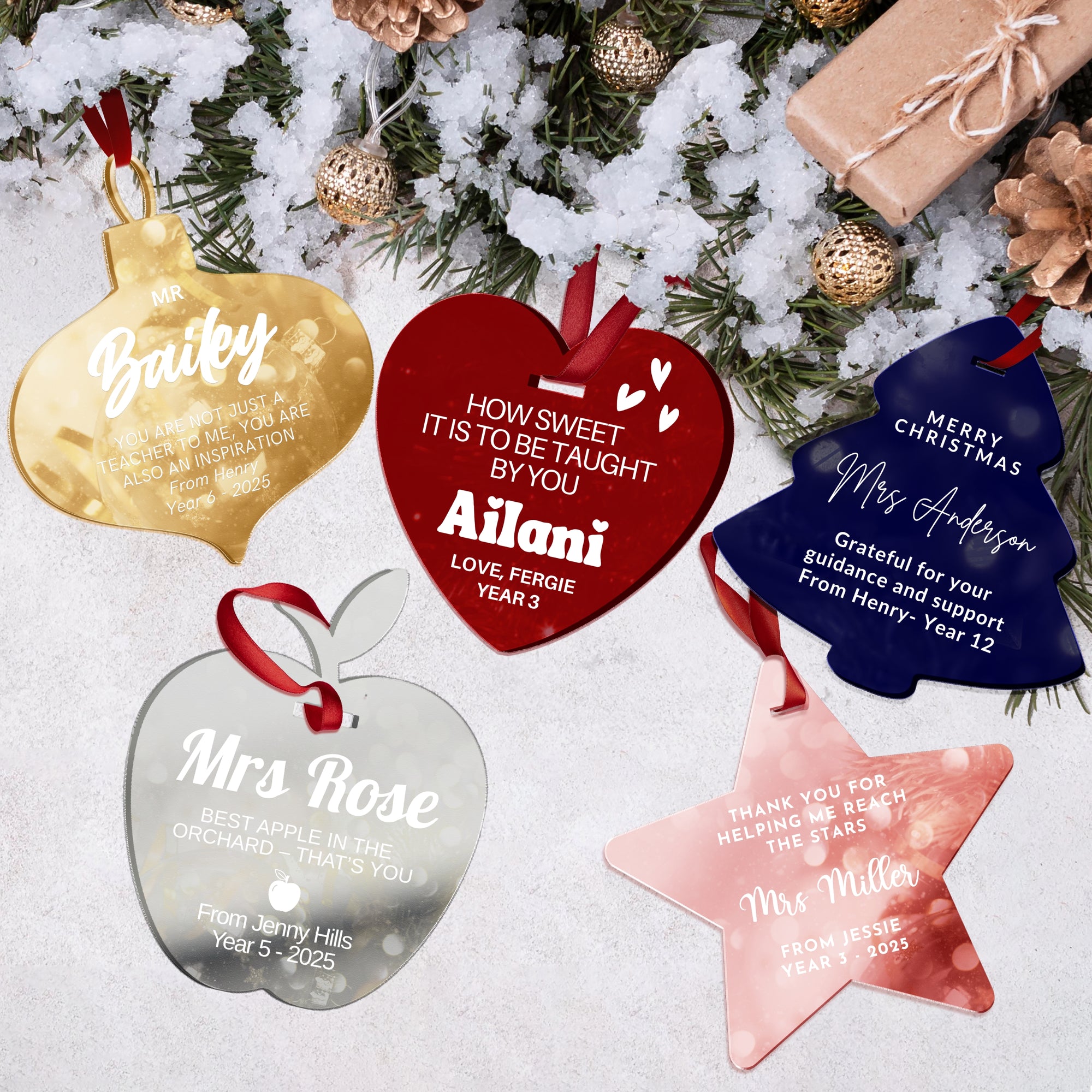 Personalised Teacher Christmas Ornament, Custom Mirror Acrylic UV Print Bauble, Appreciation Coach Thank You Gift, Xmas Tree Decoration Tag