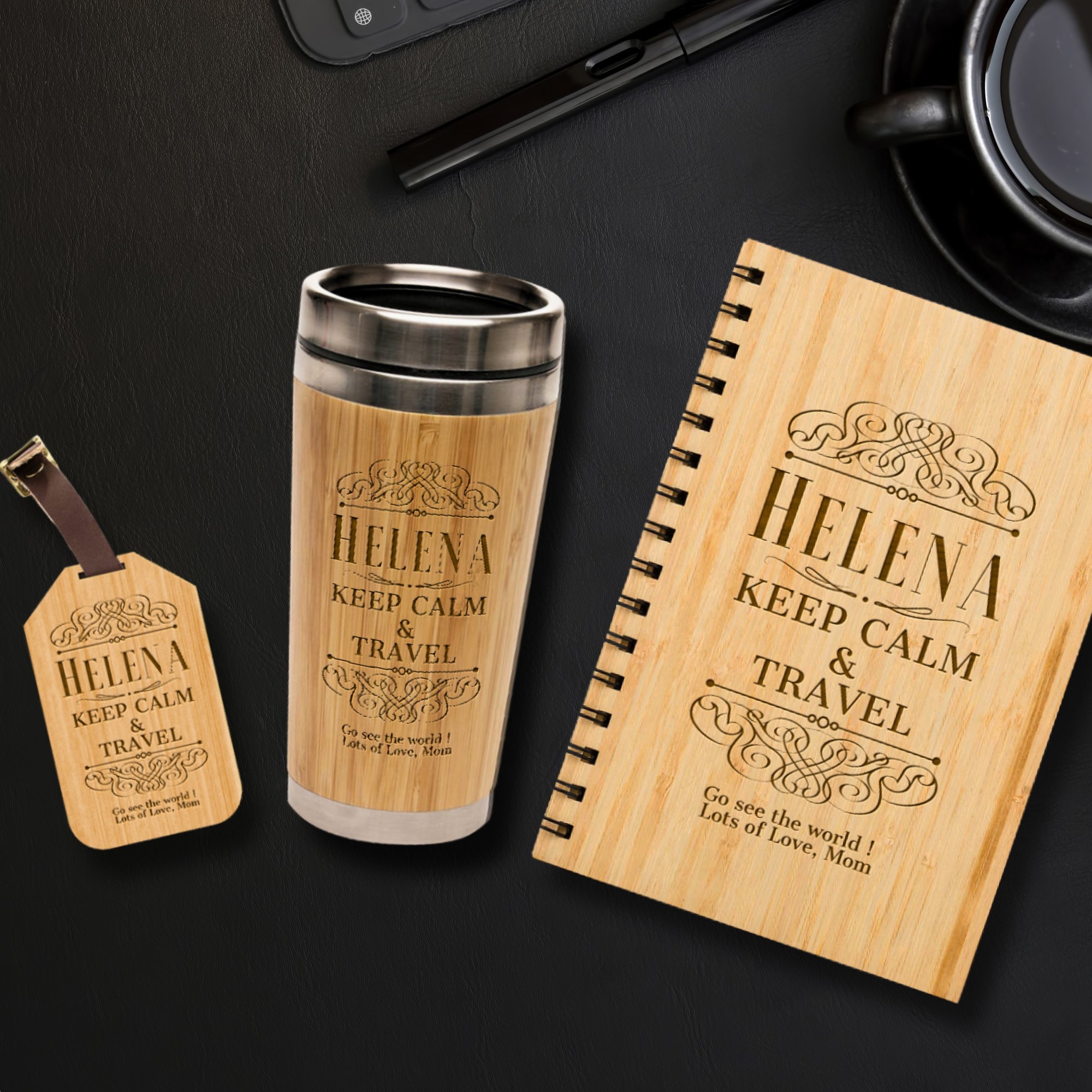 Personalised Travel Gift Set – Engraved Insulated Bamboo Cup, Notebook & Wooden Luggage Tag, Traveler Birthday, Teacher, Logo Corporate Gift