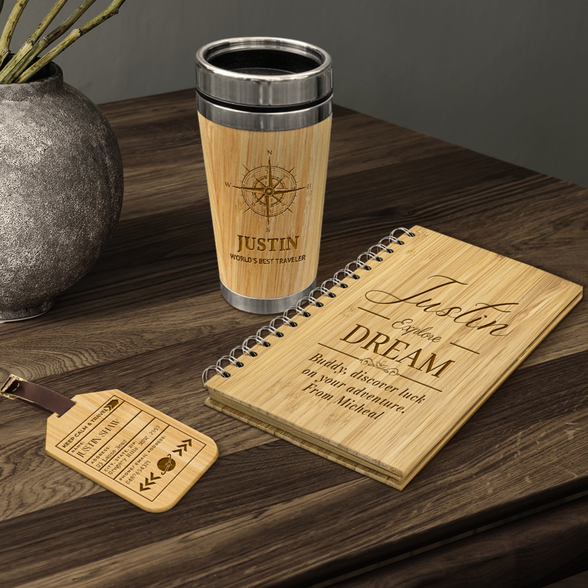 Personalised Travel Gift Set – Engraved Insulated Bamboo Cup, Notebook & Wooden Luggage Tag, Traveler Birthday, Teacher, Logo Corporate Gift