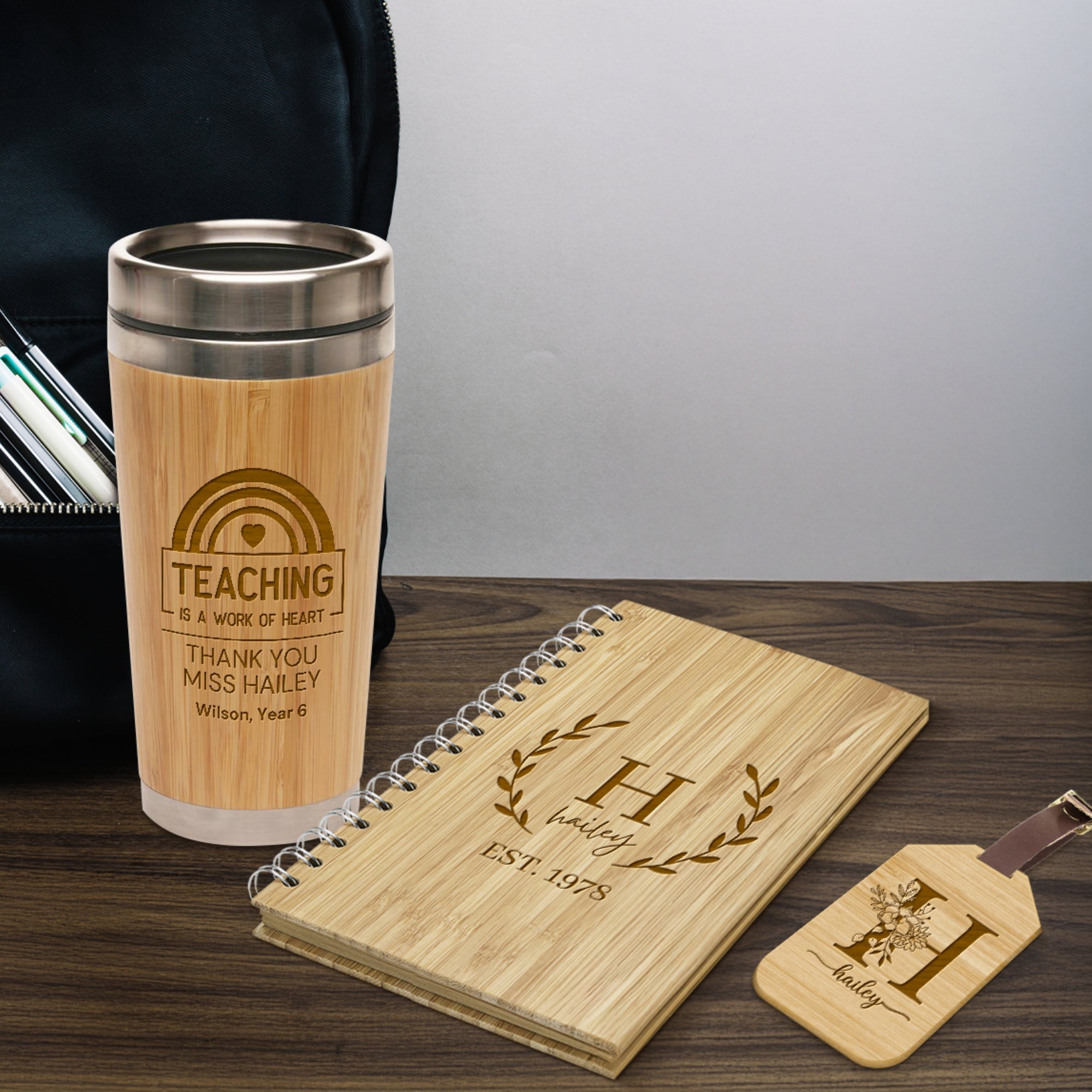 Personalised Travel Gift Set – Engraved Insulated Bamboo Cup, Notebook & Wooden Luggage Tag, Traveler Birthday, Teacher, Logo Corporate Gift