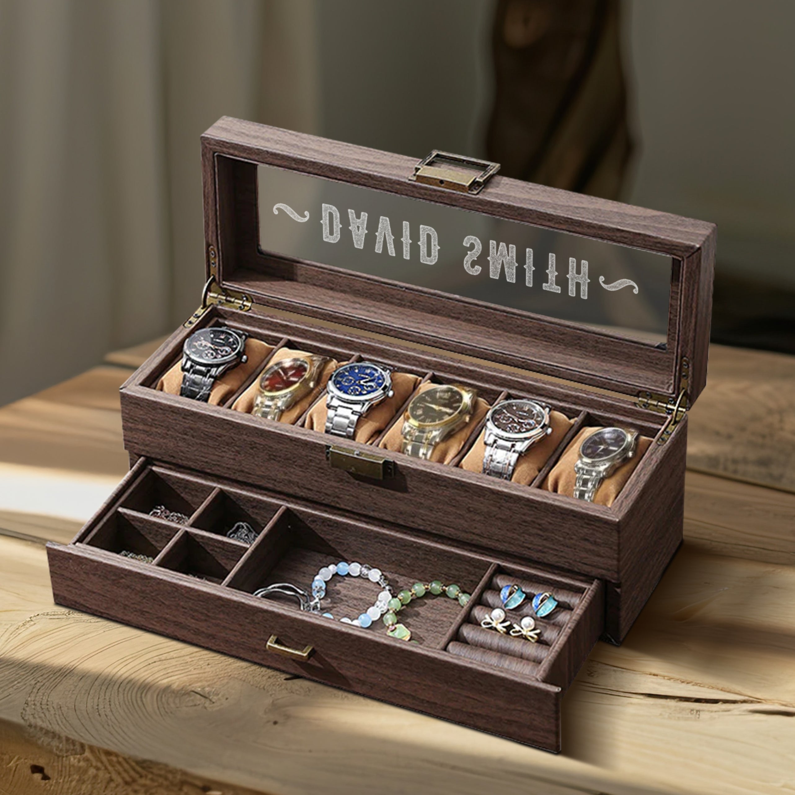 Personalised Two Drawer Wooden 6 Watch Slots Accessories Display Box Custom Engraved Men Jewelry Storage Organiser Case Christmas Dad Gift Yoonek Gifts
