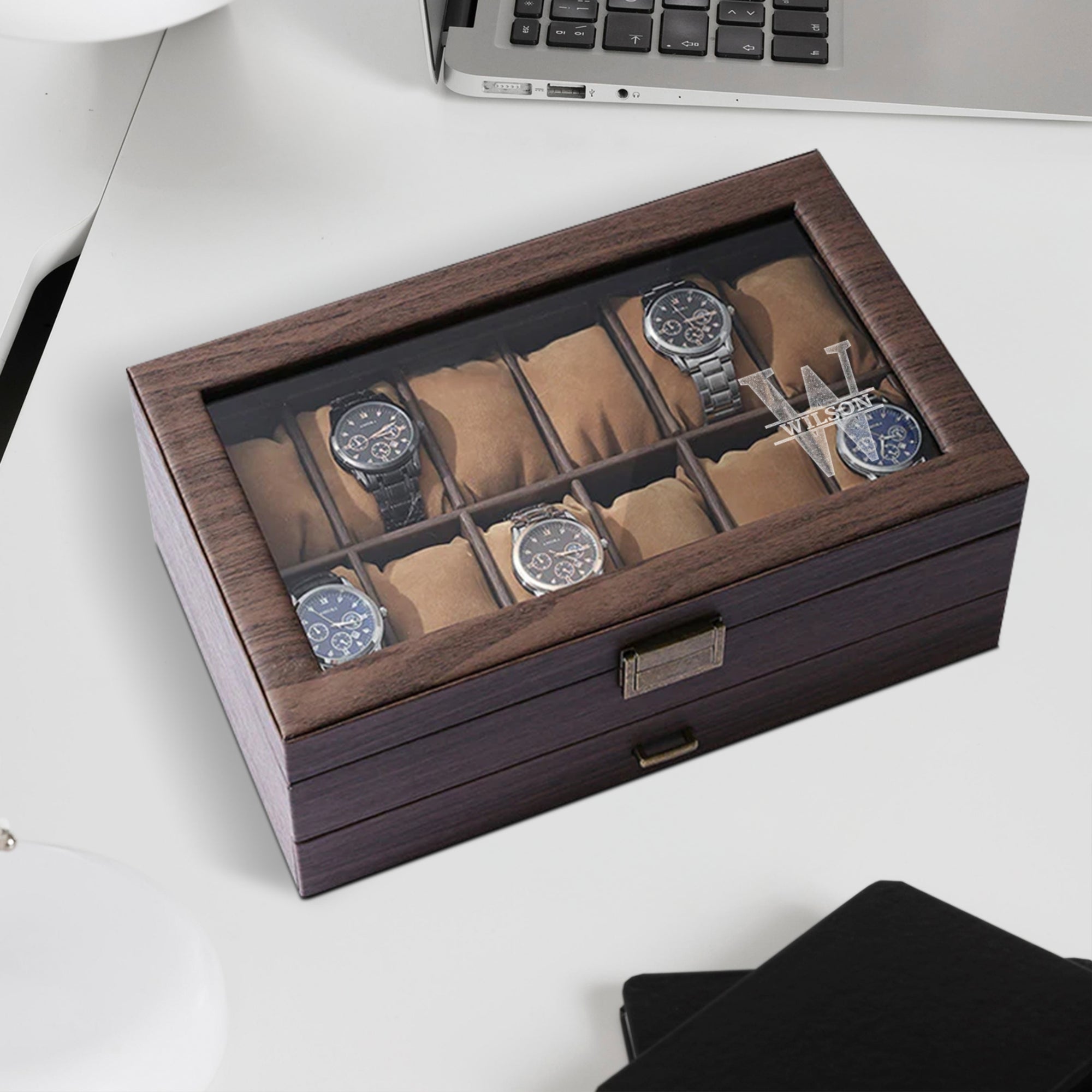Personalised Two Drawer Wooden 12 Watch Slots & Accessories Display Box, Custom Engraved Men Jewelry Storage, Organiser Case, Xmas Dad Gift