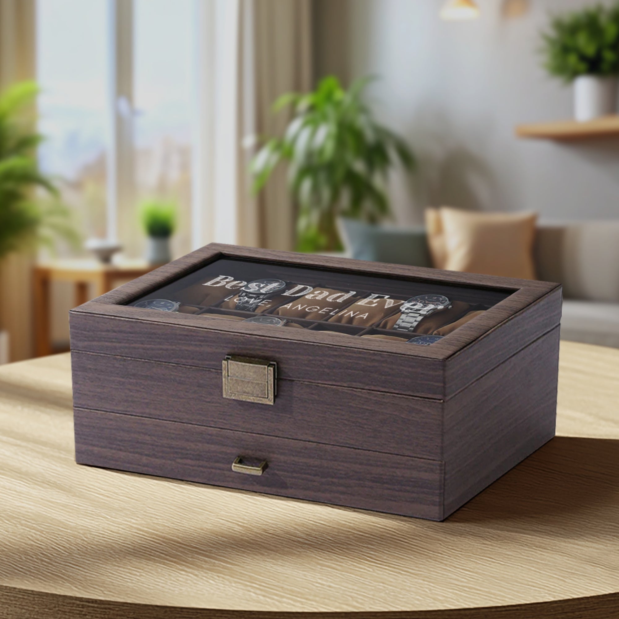 Personalised Two Drawer Wooden 12 Watch Slots & Accessories Display Box, Custom Engraved Men Jewelry Storage, Organiser Case, Xmas Dad Gift