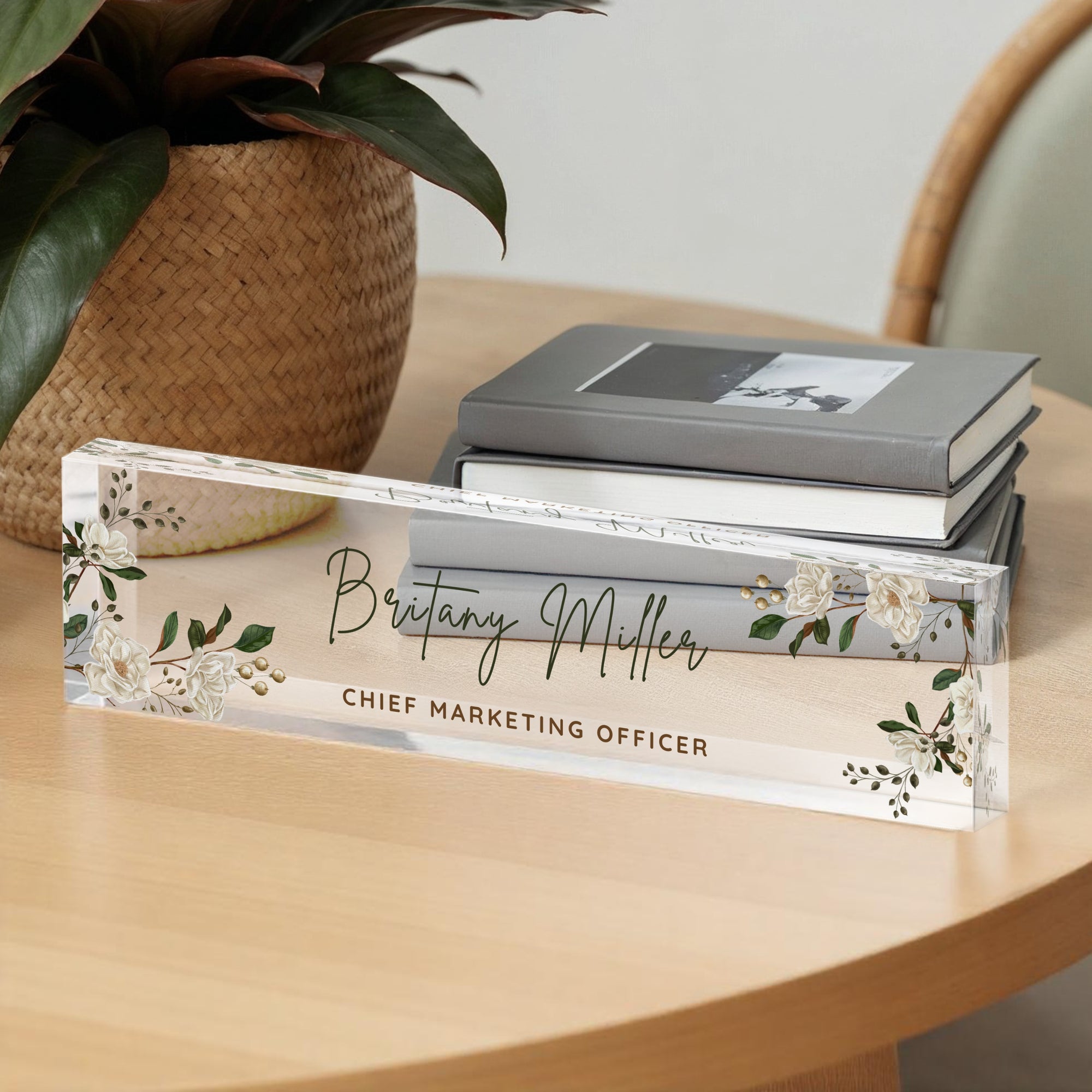 Personalised UV Print Clear Acrylic Block Desk Name Plate, Custom Logo Professional Job Title Sign, Office Role Plaque Teacher Graduation Gift