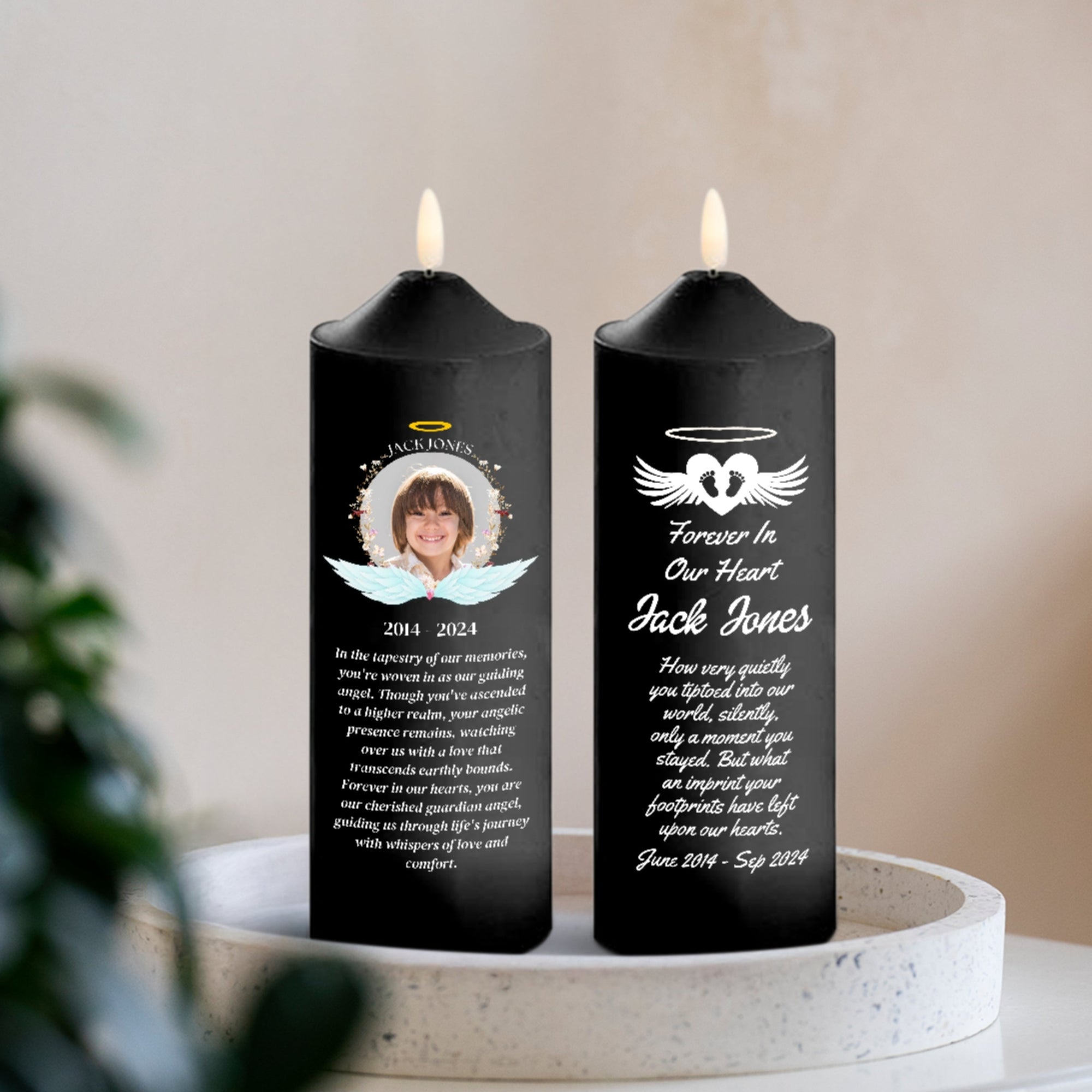 Personalised UV Print In Loving Memory Wax LED Candle, Custom Memorial Photo Black Flame Pillar, Pet Sympathy Gift Funeral Ceremony Keepsake