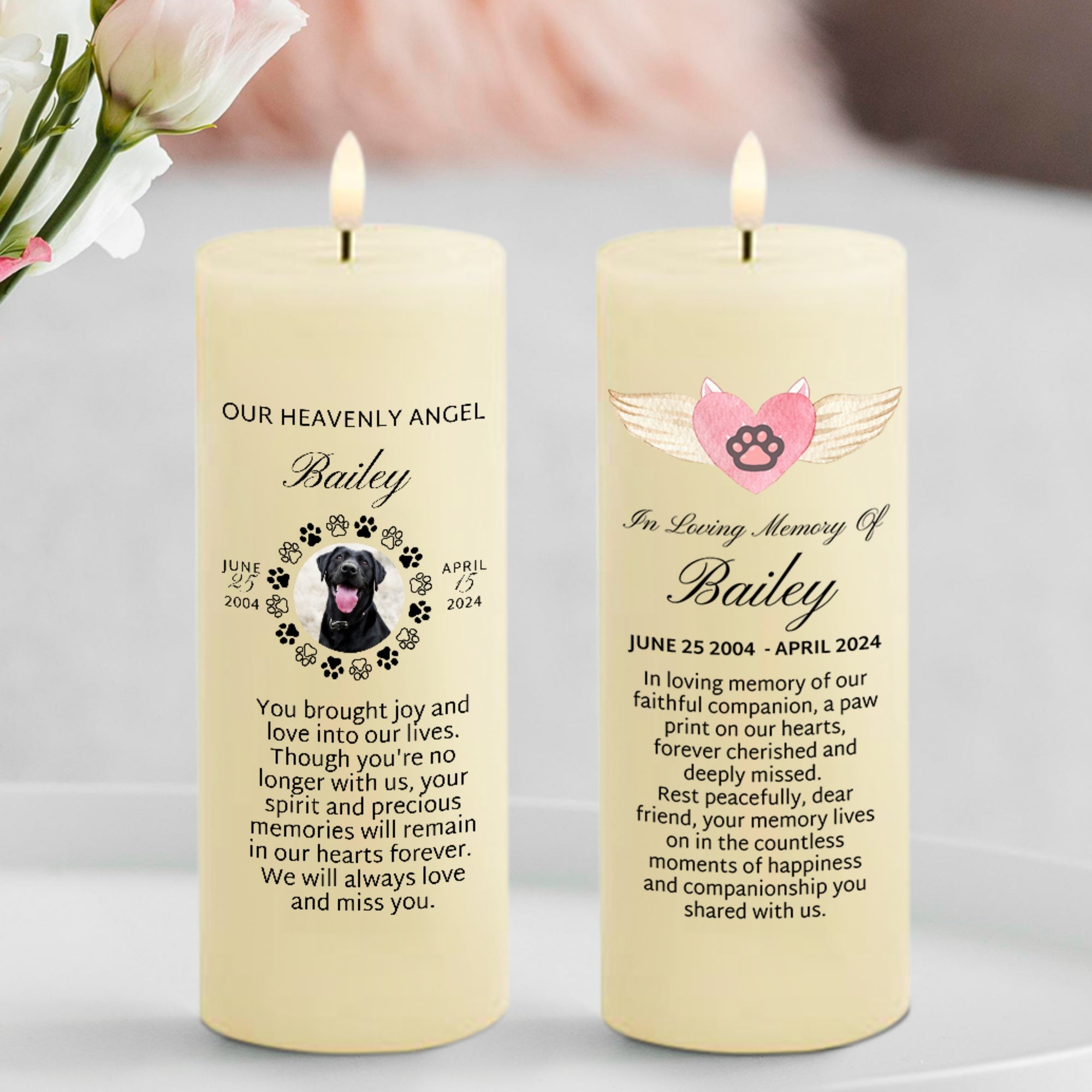 Personalised UV Print In Loving Memory Wax LED Candle, Custom Memorial Photo White Flame Pillar, Pet Sympathy Gift Funeral Ceremony Keepsake