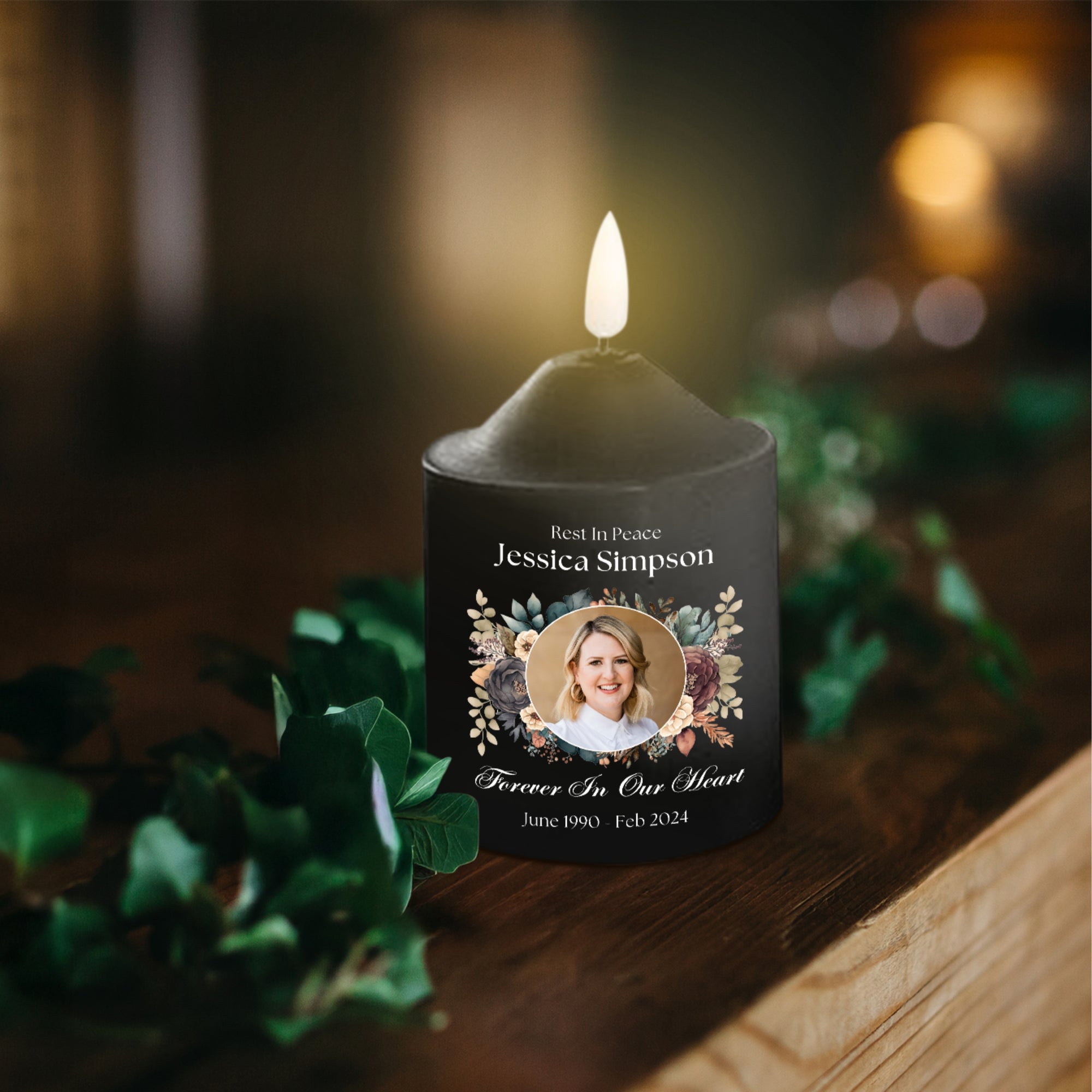 Personalised UV Print In Loving Memory Wax LED Candle, Custom Memorial Photo Black Flame Pillar, Pet Sympathy Gift Funeral Ceremony Keepsake
