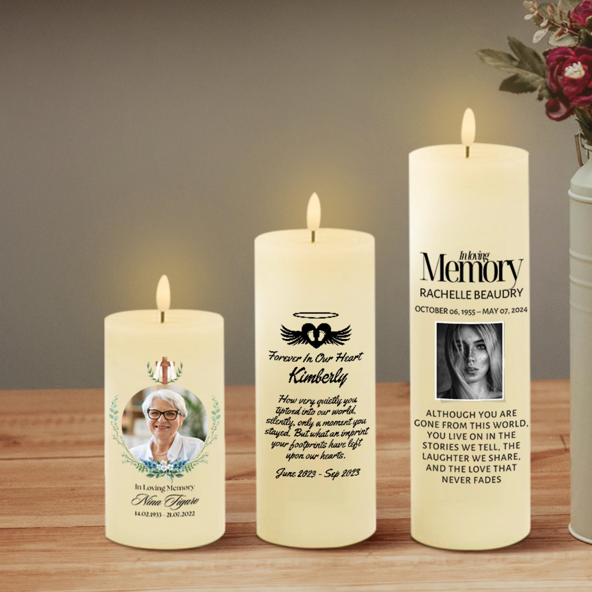 Personalised UV Print In Loving Memory Wax LED Candle, Custom Memorial Photo White Flame Pillar, Pet Sympathy Gift Funeral Ceremony Keepsake
