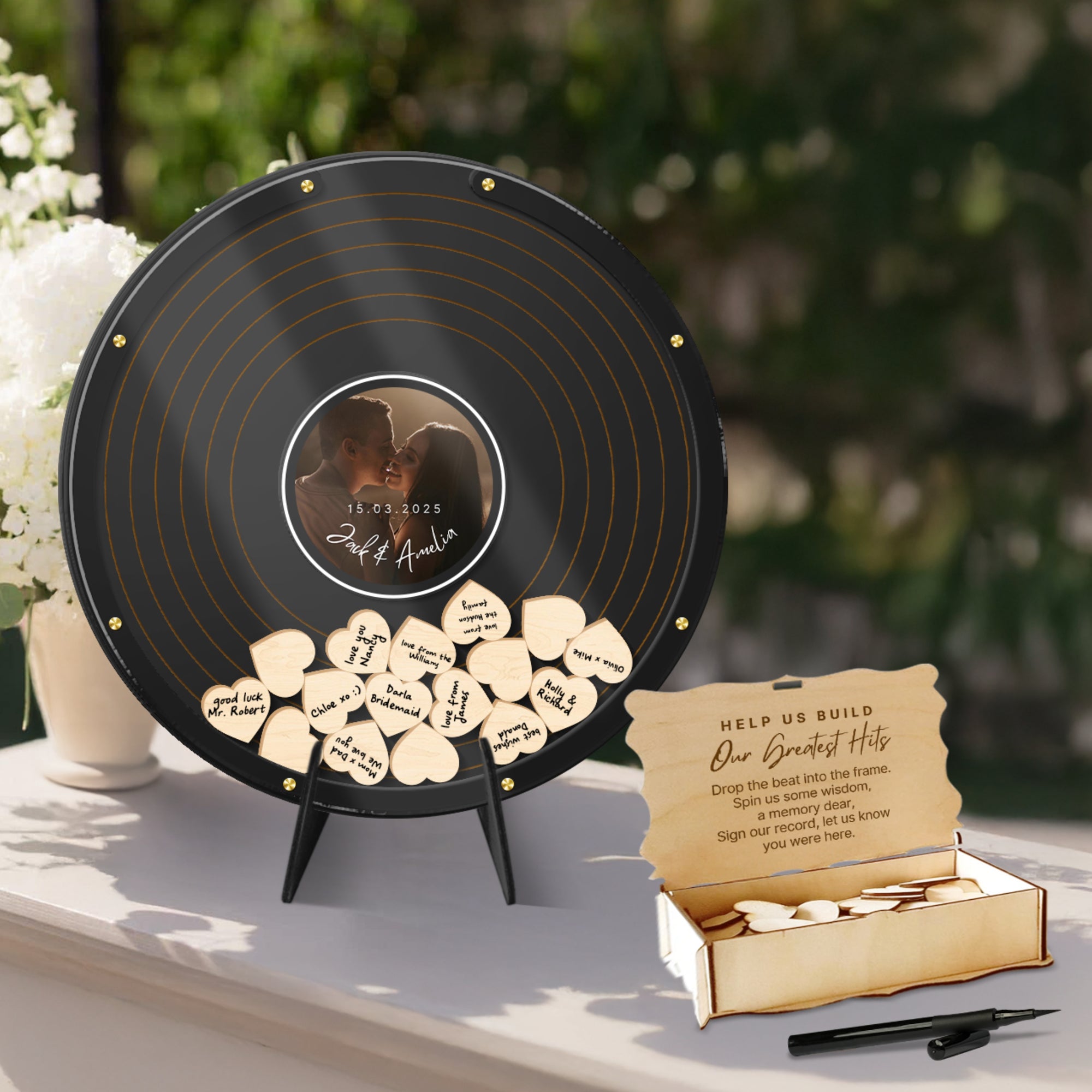 Personalised Wedding Guest Book Alternative, Retro Vinyl Record Drop Box with Custom Printed Photo, Music Themed Keepsake, Stationery Decor