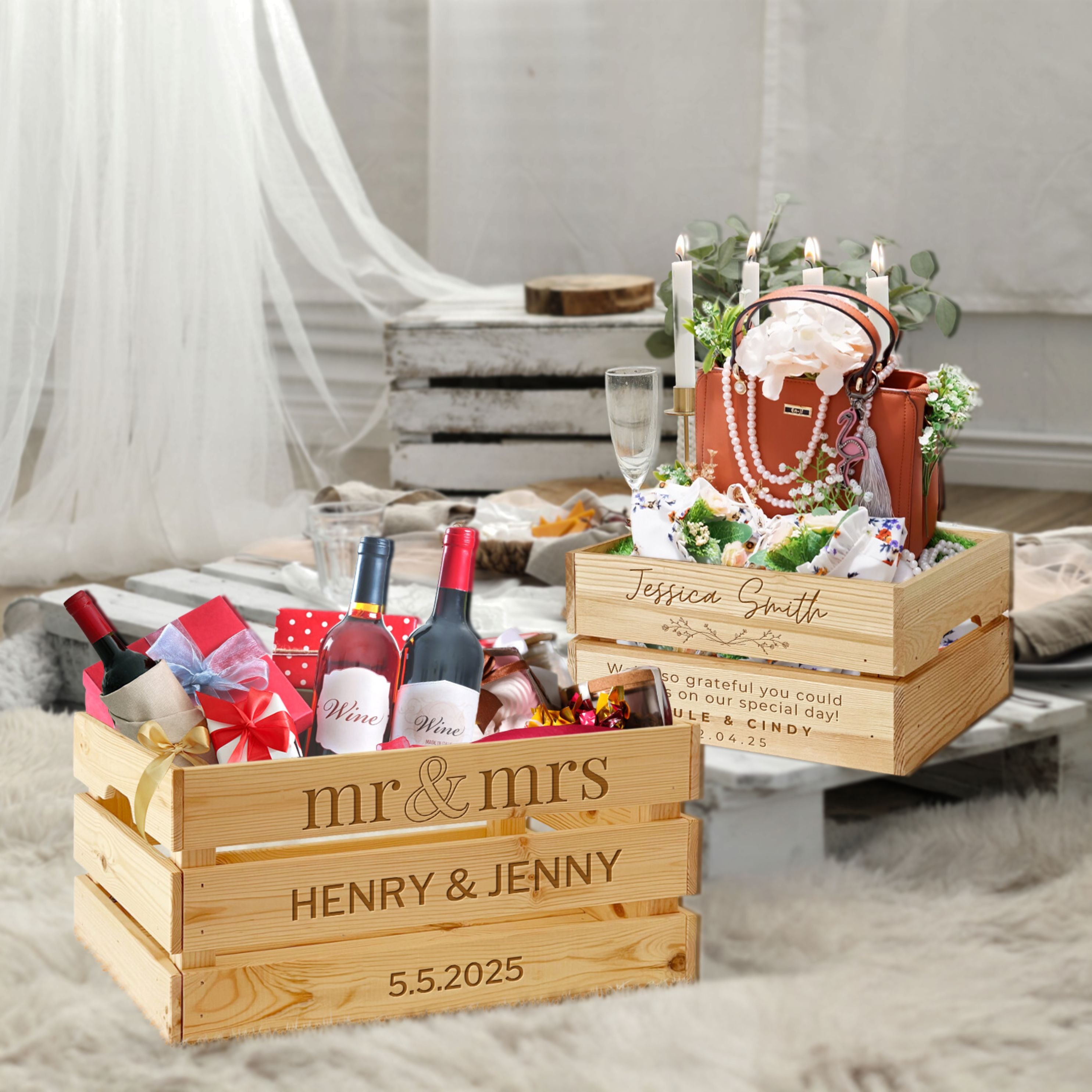 Personalised Wedding Gift Box Crate, Custom Engraved Rustic Farm