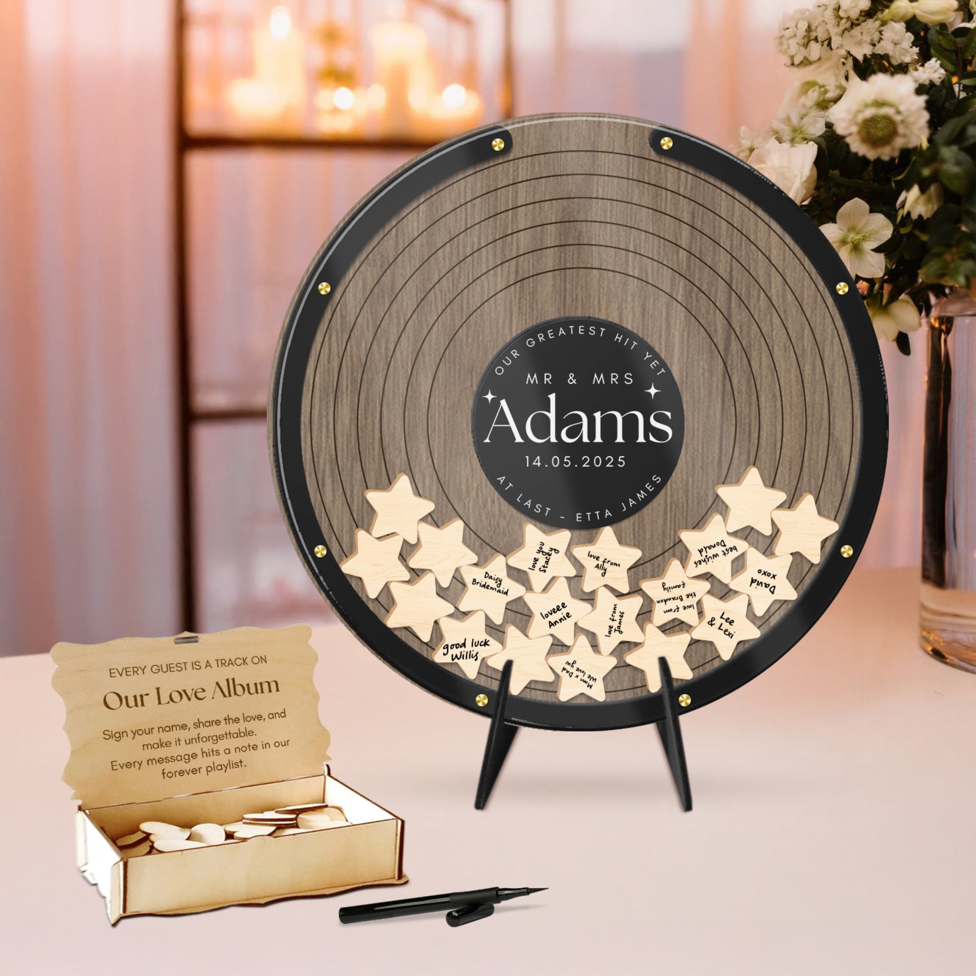 Personalised Wedding Guest Book Alternative, Retro Vinyl Record Drop Box with Custom Printed Photo, Music Themed Keepsake, Stationery Decor