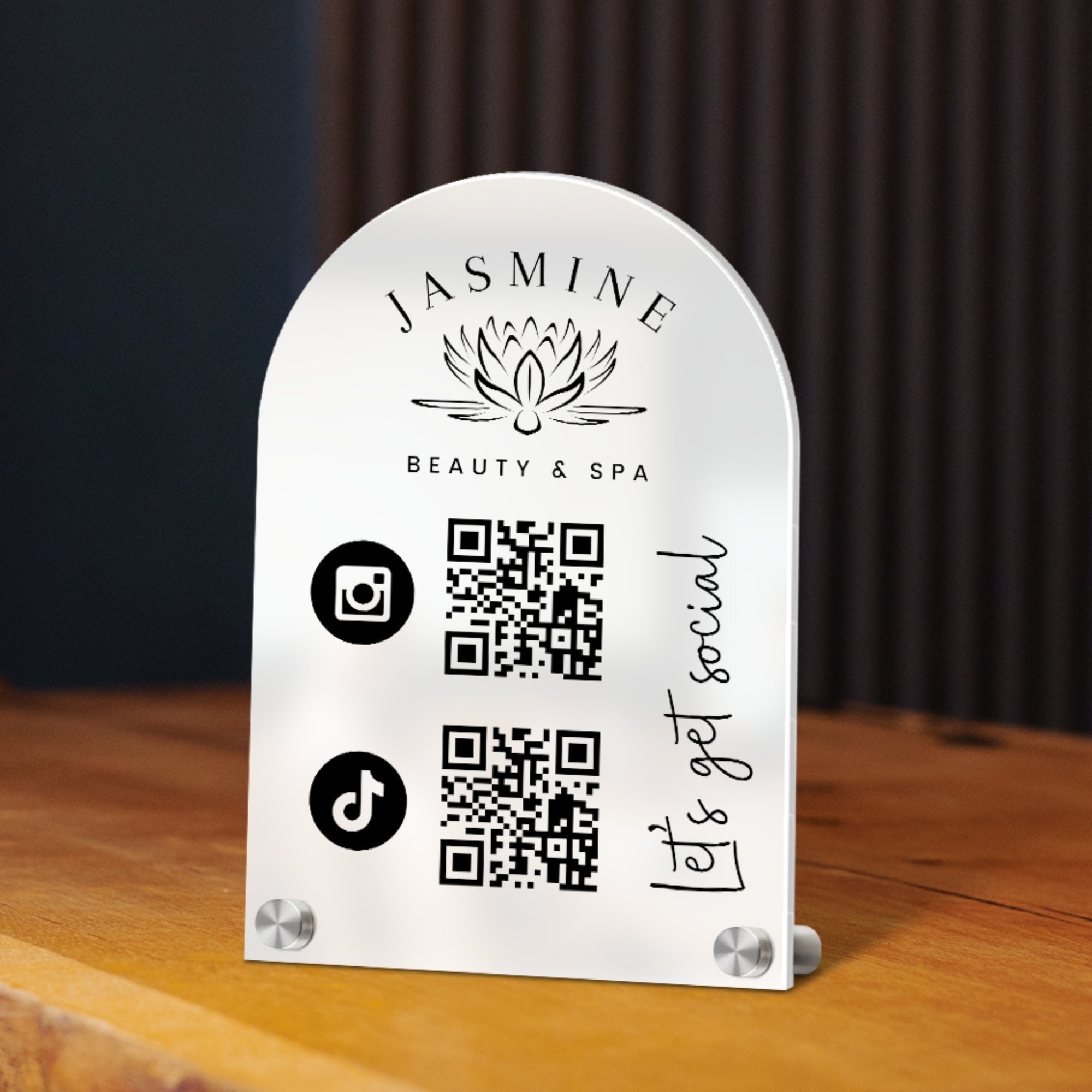 Personalised Acrylic Arch QR Code Follow Us Business Sign, Custom Print Spa Beauty Salon, Cafe Retail Social Media Reception Display Signage