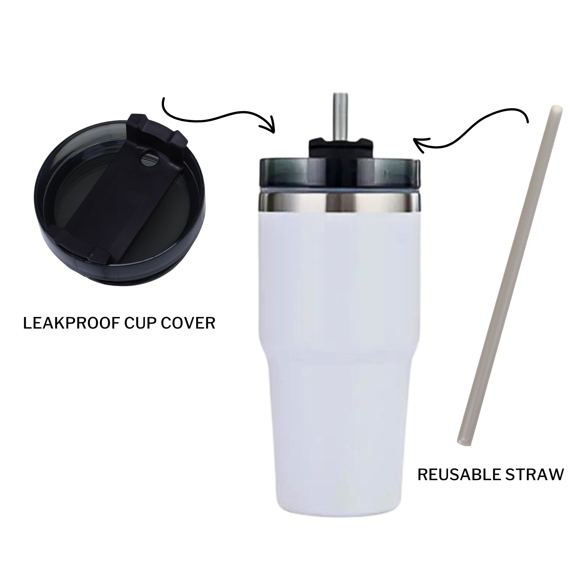 Personalised White Insulated Tumbler & Straw Set, Custom Engraved Logo Travel Thermal Drink Bottle, Coffee Car Cup, Corporate/ Birthday Gift