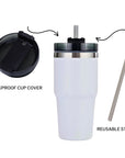 Personalised White Insulated Tumbler & Straw Set, Custom Engraved Logo Travel Thermal Drink Bottle, Coffee Car Cup, Corporate/ Birthday Gift