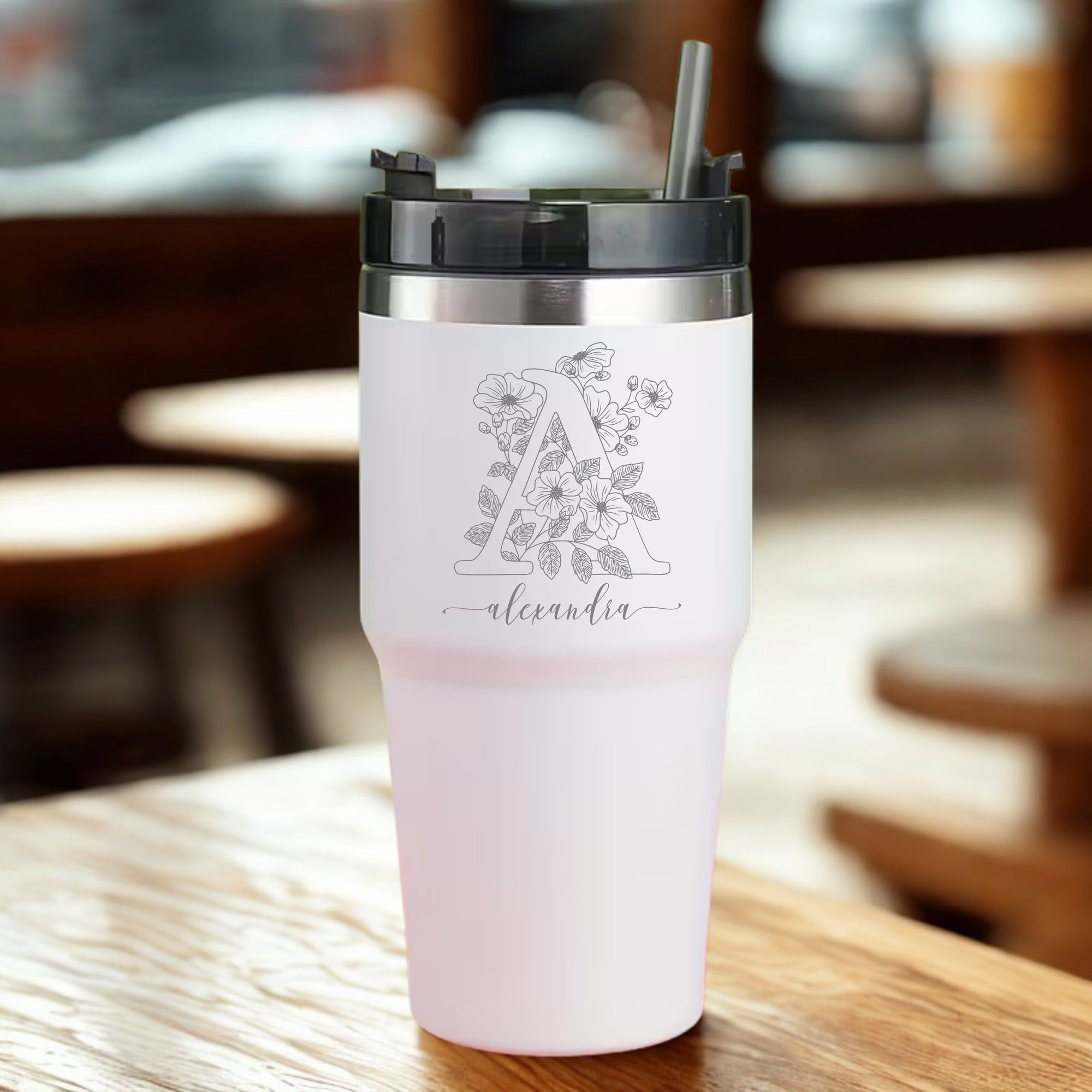 Personalised White Insulated Tumbler & Straw Set, Custom Engraved Logo Travel Thermal Drink Bottle, Coffee Car Cup, Corporate/ Birthday Gift