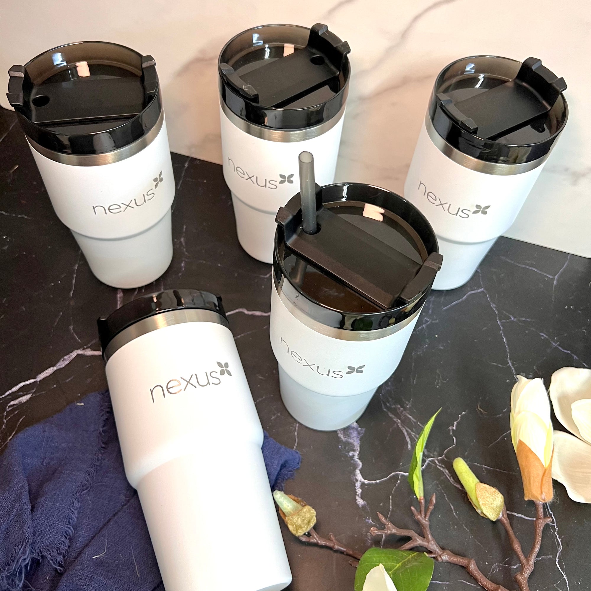 Personalised White Insulated Tumbler & Straw Set, Custom Engraved Logo Travel Thermal Drink Bottle, Coffee Car Cup, Corporate/ Birthday Gift