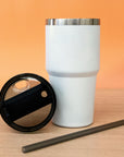 Personalised White Insulated Tumbler & Straw Set, Custom Engraved Logo Travel Thermal Drink Bottle, Coffee Car Cup, Corporate/ Birthday Gift