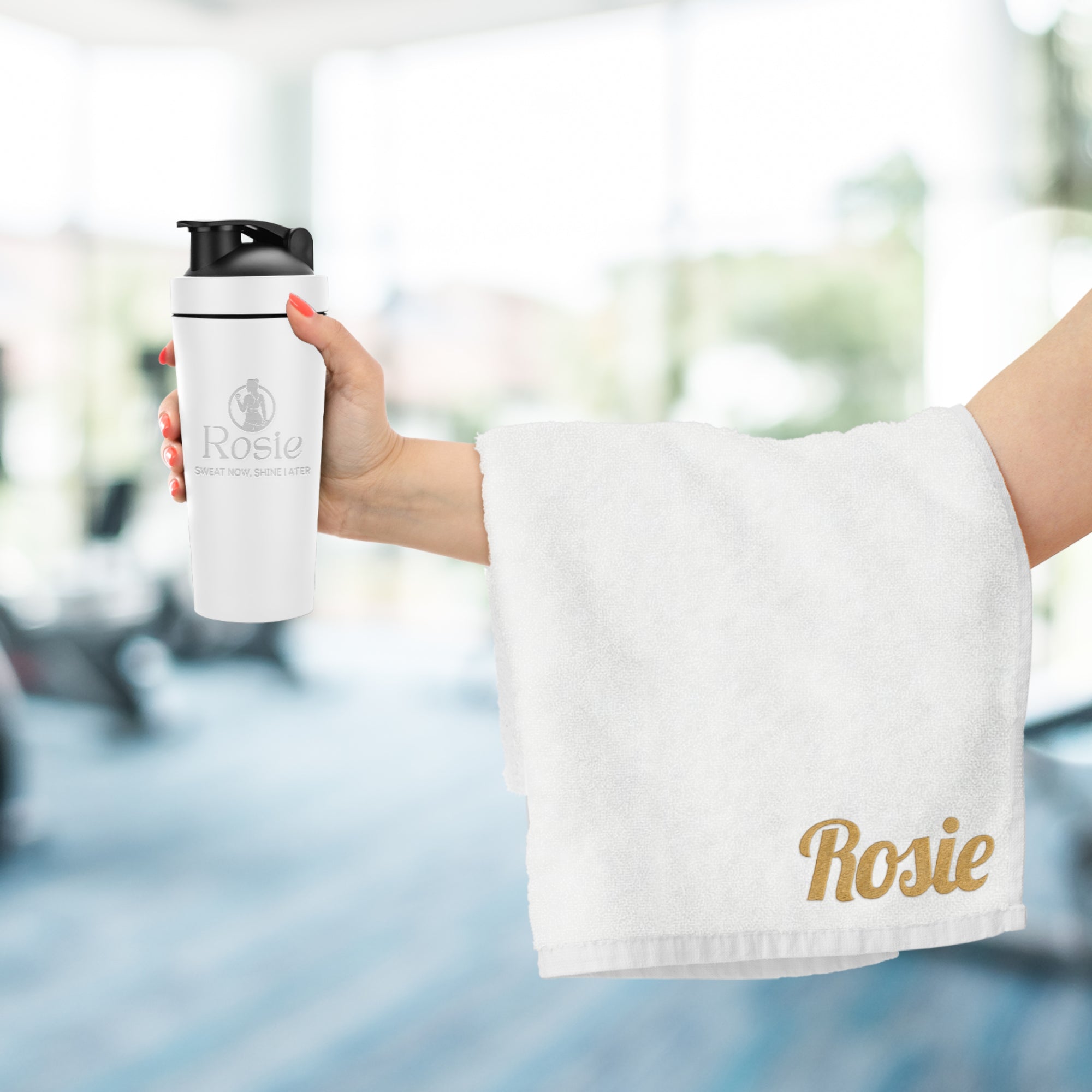 Personalised 25oz White Metal Protein Shaker & Embroidery Gym Towel Set, Custom Name Logo Fitness, Travel, Sport, Birthday, Corporate Gift