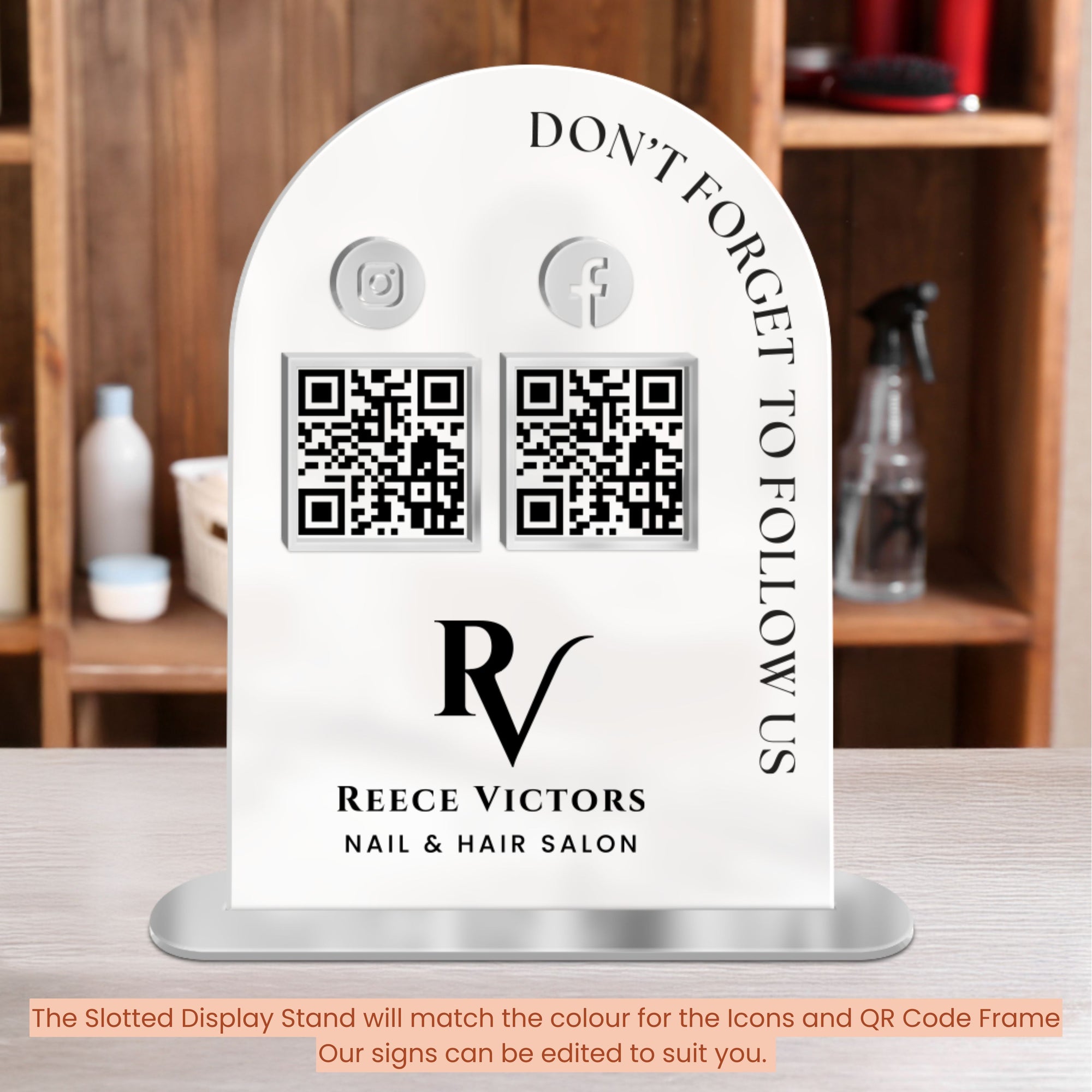 Personalised 3D Raised Acrylic Arch QR Code Follow Us Business Sign, Custom Spa, Beauty, Cafe, Retail Social Media Reception Display Signage