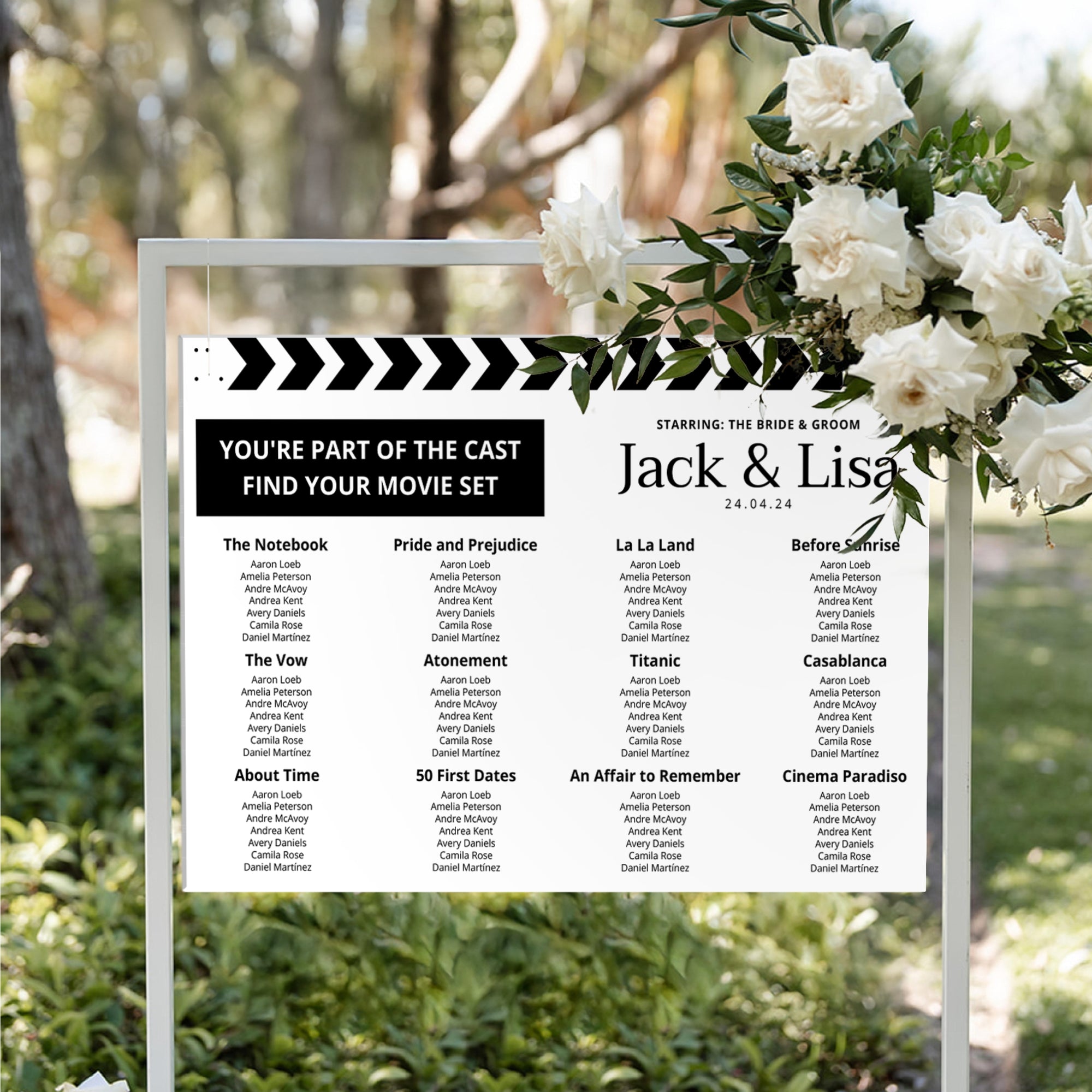 Personalised Wedding Cinefilm Seating Chart Sign, Custom Print Anniversary Guest Plan, Find Table/ Your Seat Signage, Cinema Hollywood Decor