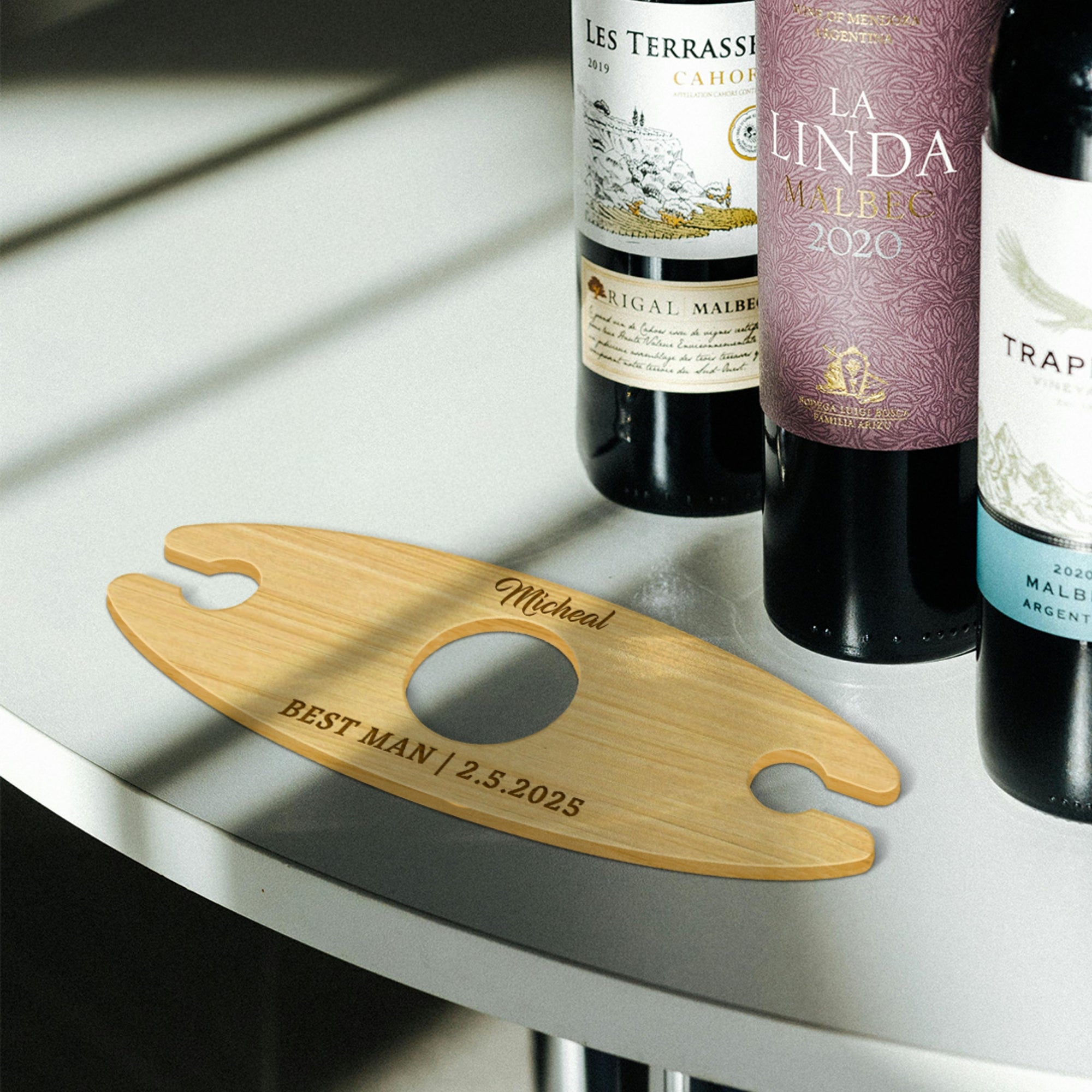 Personalised 2 Stem Glasses & Wine Holder Set, Laser Cut Wooden Bottle Caddy/ Custom Engraved Butler, Barware Anniversary, Housewarming Gift