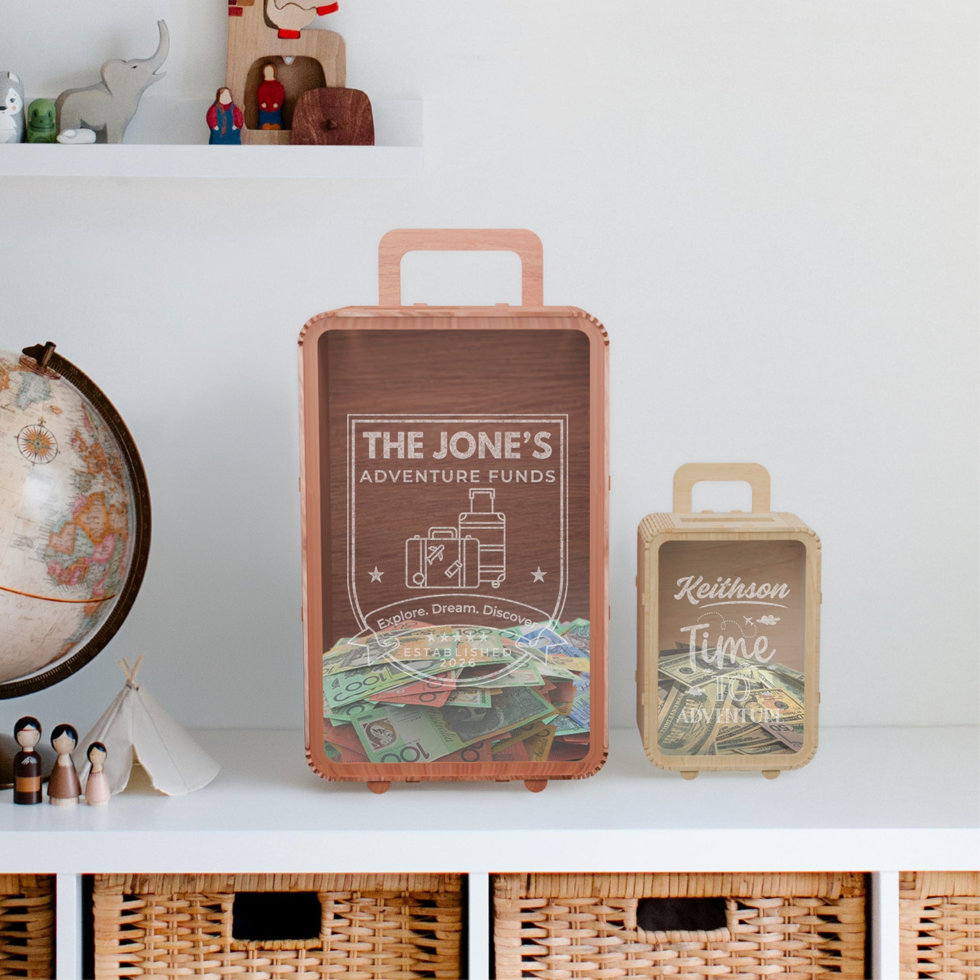 Personalised Wood Travel Luggage Piggy Bank, Custom Engraved Name Money Saving Box Vacation Adventure Fund Storage, Birthday Gift Room Decor