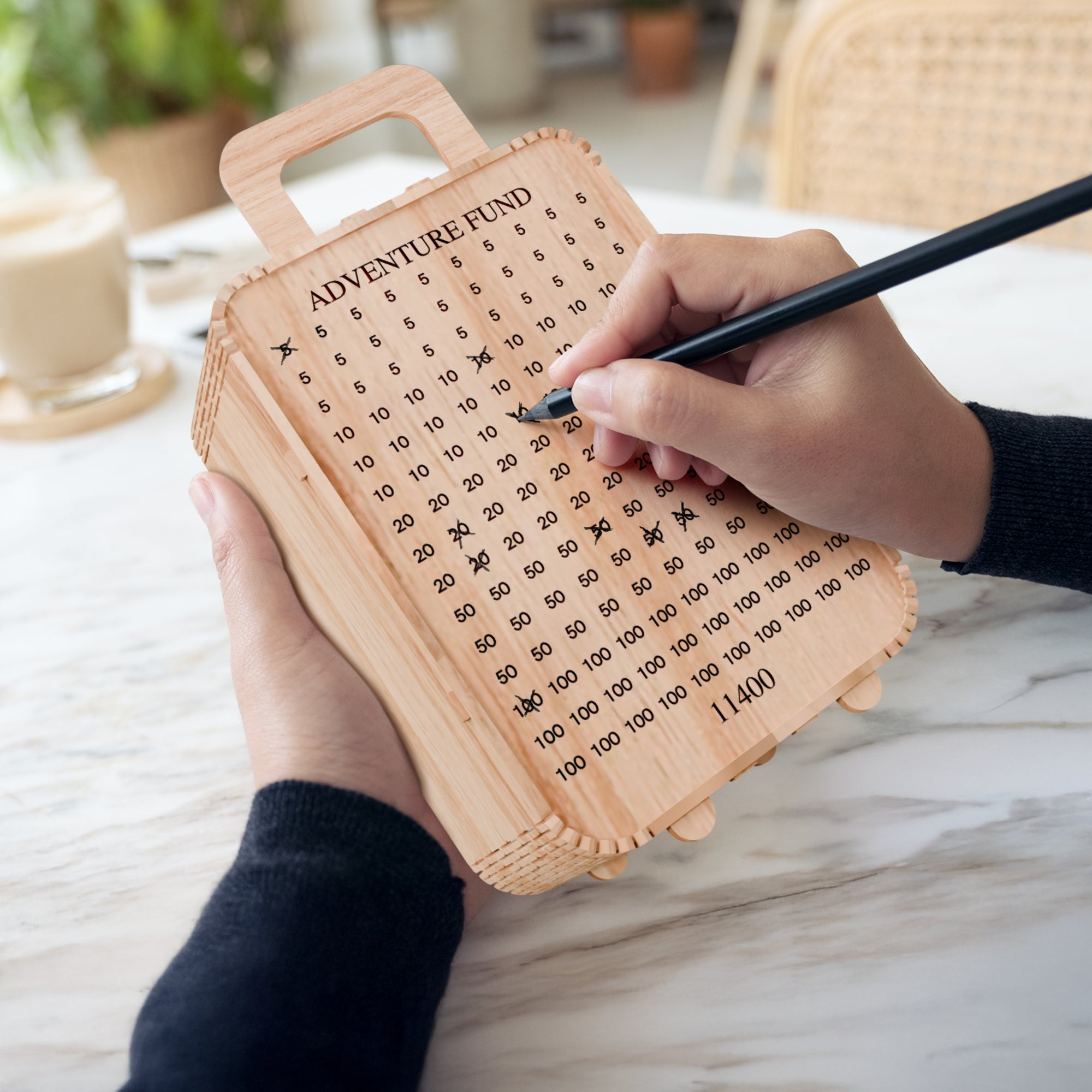 Personalised Wood Travel Luggage Piggy Bank, Custom Engraved Name Money Saving Box Vacation Adventure Fund Storage, Birthday Gift Room Decor