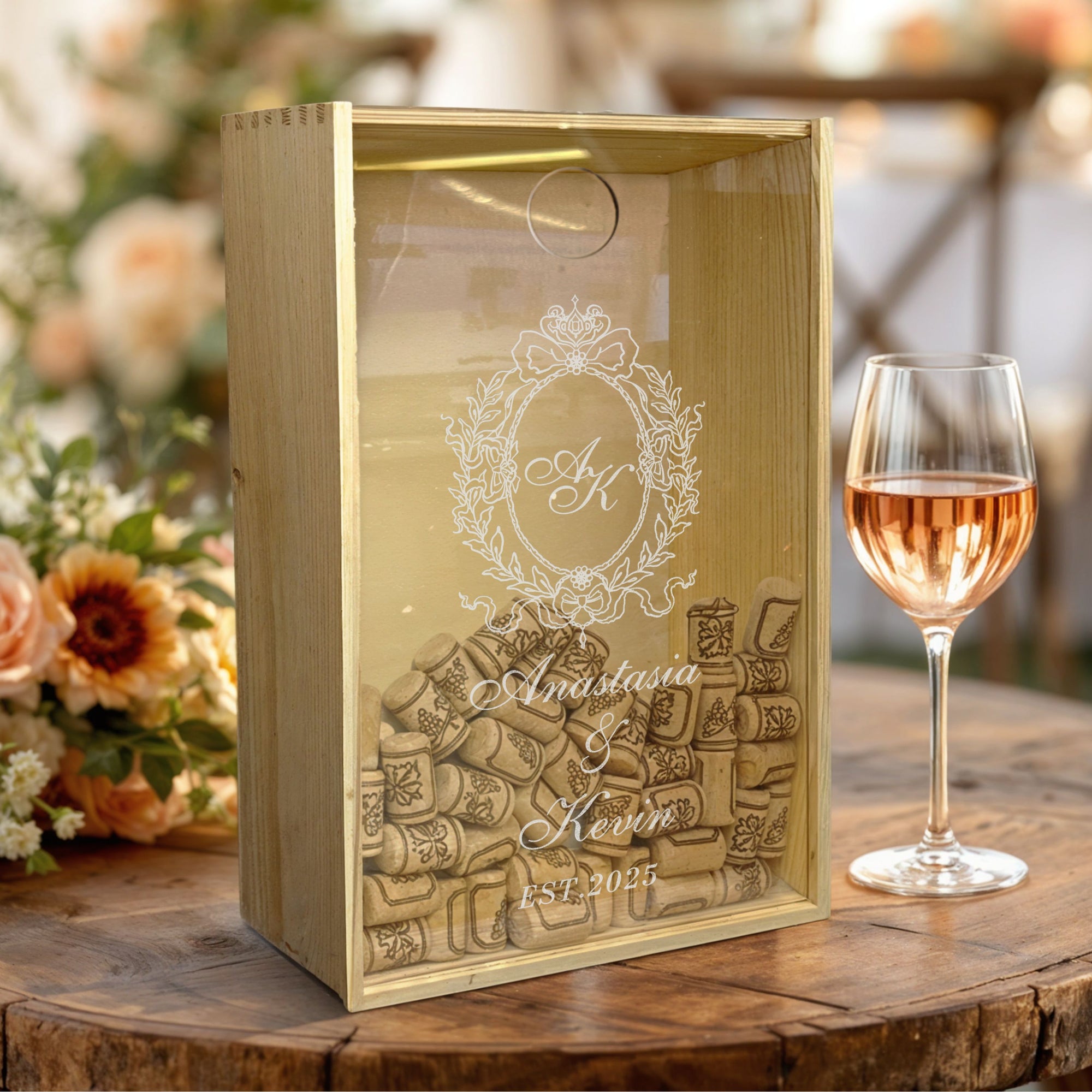 Personalised Wooden & Acrylic Lid Cork Collection Storage/ Engraved Double Wine Bottle Holder Box, Custom Logo Wedding, Housewarming, Birthday, Retirement, Corporate Gift